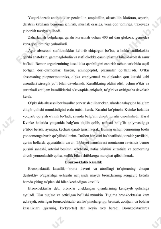 ’ma va ortirilgan bo’lishi mumkin. tug’ma bronxoektazlar kam uchraydi, ortirilgan bronxoektazlar esa ko’pincha gripp, bronxit, zotiljam va bolalar kasalliklari (qizamiq, ko’kyo’tal) dan keyin ro’y beradi. bronxoektazlarda bronxlarda balg’am to’planadi, shuningdek, bronxlar devori va o’pka to’qimasi yallig’lanadi. bronxoektazlar uzoq vaqt davom etadi, ko’pincha avj olib boradi. xronik bronxit natijasida bronx devorining muskul to’qimasi biriktiruvchi to’qima bilan almashinib, bronx devori yupqa tortib, cho’zilib qoladi, bronxning cheklangan joylari silindrlar ko’rinishida kengayadi. bronx kengaygan joylarining shilliq pardasidagi yallig’lanish jarayoni ularda shilimshiq-yiring aralash suyuqlik to’planib borishiga olib keladi. dastlabki davrida bronxoektazlar hech sezilmasligi mumkin. kasallikda 3 davr farq qilinadi: i davrda bemor o’zini sog’lom deb hisoblaydi, ahyon-ahyonda yo’tal tutib, shilimshiqli balg’am tashlab turadi, odatda, buni shamollash yoki chekishdan ko’rishadi. yilning sovuq va zax paytlarida kasallik og’ir o’tadi, odamning madori qurib, lanj bo’laveradi, yo’tal zo’rayadi. bu davrda perkussiya va auskultatsiyaga xos belgilar kuzatiladi, faqat bronxografiya yoki bronxoskopiyada bronxoektazlar topilishi mumkin. ii davrda bronxoektaziyaga xos manzara kuzatiladi. …