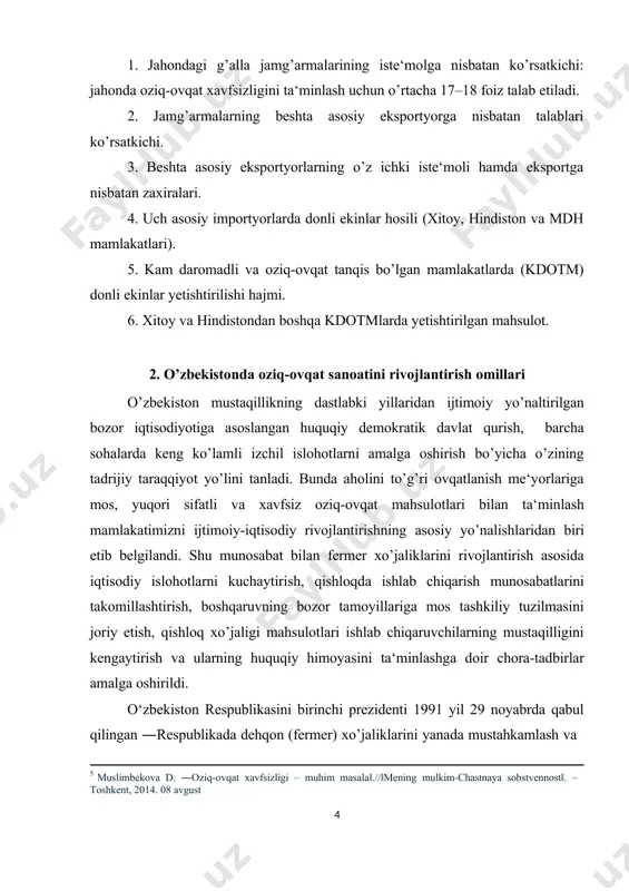 o‘zbekiston respublikasini birinchi prezidenti 1991 yil 29 noyabrda qabul qilingan ―respublikada dehqon (fermer) xo’jaliklarini yanada mustahkamlash va 5 muslimbekova d. ―oziq-ovqat xavfsizligi – muhim masala‖.//‖mening mulkim-chastnaya sobstvennost‖. – toshkent, 2014. 08 avgust tadbirkorlik faoliyatini davlat yo’li bilan qo’llab-quvvatlash to’g’risida‖gi farmoni mamlakatimizda fermerlik harakatini rivojlantirish uchun asos bo’lib xizmat qildi. bu borada qabul qilingan yer kodeksi, ―fermer xo’jaligi to’g’risida‖, ―dehqon xo’jaligi to’g’risida‖ va ―tadbirkorlik faoliyati erkinligining kafolatlari to’g’risida‖gi qonunlar fermerlikni rivojlantirish, ularning iqtisodiy hamda moliyaviy mustaqilligini ta‘minlash uchun mustahkam huquqiy asos yaratdi. bundan tashqari, ishlab chiqarish hajmini kengaytirish, fermer xo’jaliklari samaradorligi va rentabelligini izchil oshirishni ta‘minlaydigan moddiy-texnik bazani mustahkamlash, yer maydonlarini optimallashtirish bo’yicha kompleks chora-tadbirlar amalga oshirildi. ayni paytda qishloqlarda fermer xo’jaliklariga keng turdagi xizmatlar ko’rsatadigan zamonaviy ishlab chiqarish va bozor infratuzilmasi shakllantirilmoqda. mamlakatimiz birinchi prezidenti 2012 yil 22 oktyabrdagi ―o’zbekistonda fermerlik faoliyatini tashkil qilishni yanada takomillashtirish va uni rivojlantirish chora-tadbirlari to’g’risida‖gi farmoni mamlakatimizda qishloq xo’jaligi tarmog’ini isloh etishning mantiqiy davomi …