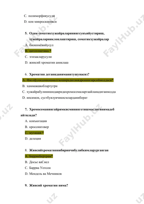 индромидатрирадиусбурчагинечигатенг? a. 100 b. 80* c. 42 d. 63 16. даун синдромидабармокучидагичизикларкандайшаклидабулади? a. ульнарсиртмок* b. айлана c. ёйсимон d. дельтасимон 17. хромосомаларузунлигигавацентромеражойлашишигакарабнечтагурухгабулинади a. 3та * b. 7та c. 8та d. 1та 18. хромосоманингфаолбулмаганкисминимадебаталади? a. генотип b. гетерохроматин c. днк d. эухроматин* 19. хромосома касаллигикачонсодирбулади? a. хаммажавоблартугри* b. тузилишинингузгариши c. аутосомаларнинганомалияларинатижасида d. жинсийхромосомалараномалияларнатижасида 20. аутосомагабогликкасалликларнибиласизми? a. тернер синдроми b. даун синдроми* c. шершевскийсиндроми d. фенилкетонурия 21. кайсибиркасалликаутосомкасалликкакирмайди? 1. мушукчинкириги? 2. клайнфельтерсиндроми* 3. патаусиндроми 4. леженсиндроми 22. аутосомагабогликкасалликларгакайсикасалликкиради? a. хаммаситугри* b. мушукчинкириги c. патаусиндроми d. леженсиндроми 23. жинсийхромосомагабогликкасалликникурсатиббиласизми? a. клайнфельтерсиндроми* b. мушукчинкириги c. патаусиндроми d. леженсиндроми 24. куйидагикасалликларданкайсибири хромосомакасаллигигакирмайди? a. фенилкетонурия* b. мушукчинкириги c. патаусиндроми d. леженсиндроми 25. клайнфельтерсиндромикимдаучрайди? a. чакалокларда b. эркакларда* c. аёлларда d. гермафродитларда 26. шершевский-тернер касаллиги бор аёллардахромосомалар сони нечта? a. 47та b. 49та c. 48та d. 45та * 27. шершевский-тернер касаллигида дерматоглифик узгаришларкандайбулади? a. узактрирадиусидисталсилжиши* b. хаммажавоблартугри c. туртбармокликафтбурмаси d. atdбурчаги 680 28. эдвардс касаллигиданечанчи хромосома ортикча? …