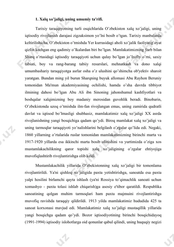 spublika sanoatining qolgan muhim tarmoqlari ham paxta majmuini rivojlantirishga muvofiq ravishda taraqqiy qildirildi. 1913 yilda mamlakatimiz hududida 425 ta sanoat korxonasi mavjud edi. mamlakatimiz xalq xo’jaligi mustaqillik yillarida yangi bosqichga qadam qo’ydi. bozor iqtisodiyotining birinchi bosqichidayoq (1991-1994) iqtisodiy islohotlarga oid qonunlar qabul qilindi, uning huquqiy negizi yaratildi. islohotlar hayotning barcha jabhalarini qamrab oldi. 1995 yildan boshlab o’zbekiston jamiyatni isloh qilishning ikkinchi bosqichiga qadam qo’ydi. ushbu bosqich bozor munosabatlariga o’tish tuzilmalarini shakllantirishni yakunlashni, mamlakat xalq xo’jaligini har tomonlama rivojlantirishni, milliy valyutani barqarorlashtirishni va uning ichki konvertasiyasini ta'minlash bilan boіliq davlat mulkini xususiylashtirishni yakunlash hamda iqtisodiyotni xomashyo yetishtirib berishdan tayyor mahsulot chiqarishga yo’naltirishni ko’zda tutilgan. shuningdek, iqtisodiy islohotlarning yuqorida zikr qilingan ikkinchi bosqichida iqtisodiyotni barqarorlashtirish va xalq xo’jaligi uzoq tarmoqlari o’sishini ta'minlash, ishlab chiqarishda aholi keng iste'mol mollariga ko’ra ularning ehtiyojini nazarda tutib o’zgarishlar qilish va boshqa hayotiy masalalar xalq xo’jaligida qator tarkibiy o’zgarishlar yuz berdi. jumladan, mamlakat xalq xo’jaligining yetakchi sohasi …