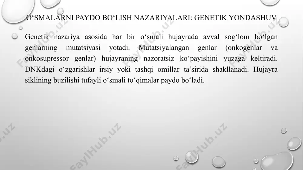 ushbu usul o‘smalarning benign yoki malign ekanligini isbotlashda asosiy ahamiyatga ega. immunogistokimyoviy va molekulyar tashxislash immunogistokimyo hujayralarda maxsus belgilovchi oqsillarni aniqlash uchun qo‘llaniladi va bu orqali o‘smalarning manbai va turi to‘g‘risida qo‘shimcha axborot olinadi. molekulyar tashxis esa genetik o‘zgarishlarni aniqlash, davolash prognozi va shaxsiy terapiya chora-tadbirlarini ishlab chiqishda muhimdir. klinik amaliyotda tashxislashning o‘rni tashxislashning to‘g‘ri va erta amalga oshirilishi kasallikning samarali davolanishi, reabilitatsiya va bemorning hayot sifatini oshirish uchun muhimdir. har bir bosqichda to‘g‘ri tashxis kasallik progressiyasini oldini olish va davo natijasini yaxshilashga yordam beradi. onkologiyada zamonaviy yutuqlar so‘nggi yillarda onkologiya sohasida tashxis va davolashda zamonaviy texnologiyalar – molekulyar genetik tahlillar, sun’iy intellekt imkoniyatlari, yangi tasviriy va laborator usullar joriy etilmoqda. bu o‘smalarning erta aniqlanishi va yanada individual tarzda davolash samarasini oshirmoqda. xulosa o‘smalar dolzarb tibbiy-ijtimoiy muammo bo‘lib, ularning kelib chiqish sabablari va rivojlanish mexanizmlari ko‘p omilli va murakkabdir. xalqaro gistologik klassifikatsiyalar va zamonaviy tashxislash usullari orqali o‘smalarni erta va …