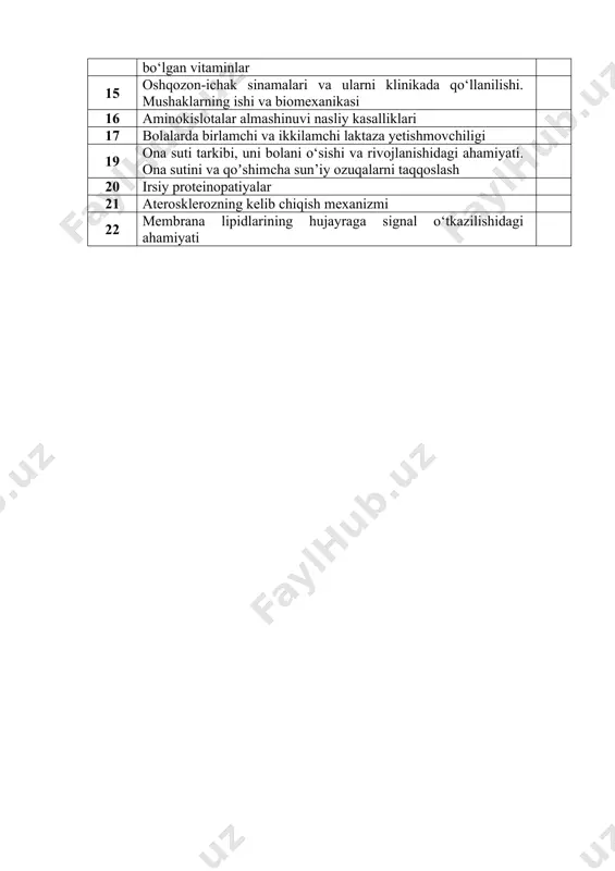 ing sabablari va uridin bilan davolash mexanizmi 13 qandli diabed va ochlikda karbonsuvlar, yog’lar va oqsillar almashinuvining buzilishi. metabolik sindrom kelib chiqishining biokimyoviy asoslari 14 organizmdagi antioksidant tizim. аntioksidant xususiyatga ega bo‘lgan vitaminlar 15 oshqozon-ichak sinamalari va ularni klinikada qo‘llanilishi. mushaklarning ishi va biomexanikasi 16 аminokislotalar almashinuvi nasliy kasalliklari 17 bolalarda birlamchi va ikkilamchi laktaza yetishmovchiligi 19 ona suti tarkibi, uni bolani o‘sishi va rivojlanishidagi ahamiyati. ona sutini va qoʼshimcha sun’iy ozuqalarni taqqoslash 20 irsiy proteinopatiyalar 21 аterosklerozning kelib chiqish mexanizmi 22 membrana lipidlarining hujayraga signal o‘tkazilishidagi ahamiyati mustaqil ta’lim (mt) 1 tibbiyotda ovqatlanish nazariyasi. parxez stollari. anabolik va katabolik jarayonlarni ontogenezda o‘zgarib borishi. katabolism va anabolizm. uning normal va patologik holatlardagi o‘zgarishlari. mikroelementozlar. ftor, kalsiy miqdorlarining oshib ketishi 2 membranalar buzilishlarining patologik holatlarni kelib chiqishidagi o‘rni . energiya almashinuvi boshqarilishi . mitoxondrial kasalliklar 3 gipoenergetik holatlar . glikogen kasalliklari (glikogenoz va aglikogenozlar) . glyukoza tashuvchilarining tuzilishi, spesifikligi, klinik ahamiyati. …
