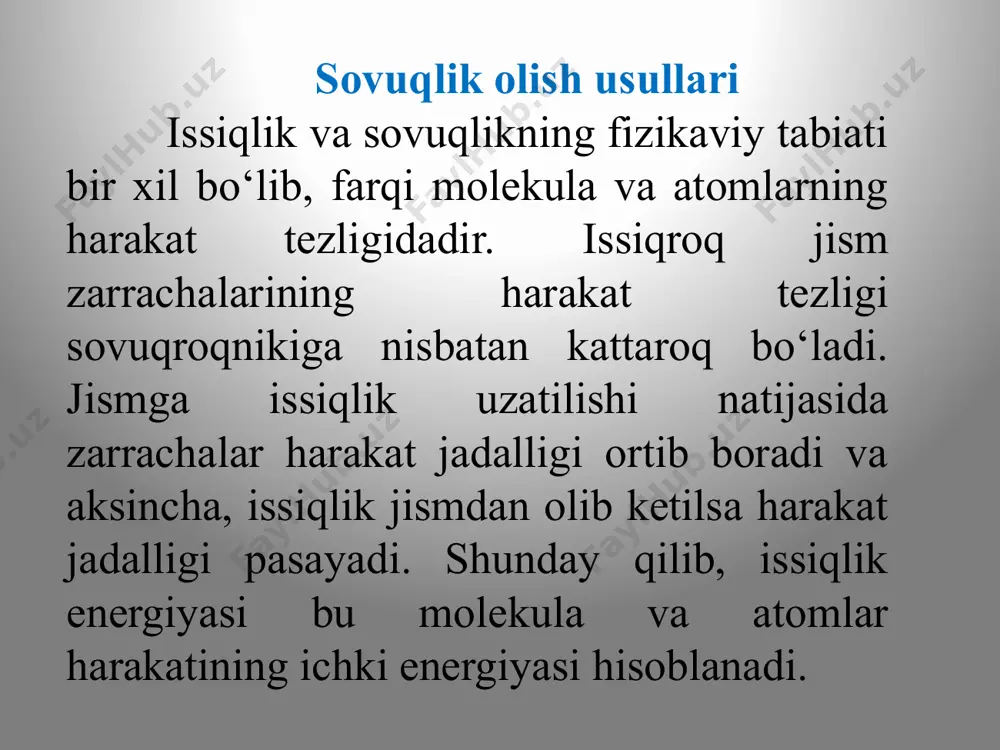 talab qiladi. afzalligi konsruktiv jihatdan sodda, ishlash qobiliyati yuqori. sovitish mashinalarida sovuqlik ishchi modda sovitish agentlari yordamida amalga oshiriladi. sovitish agentlari sifatida bug‘, gaz, suvli yoki metalli aralashmalar ishlatilishi mumkin. 6 absorbsion sovitish mashinalari (asm) sun’iy sovuqlik talab etiladigan turli sohalarda qo‘llaniladi. bu mashinalarning samaradorligi ko‘p jihatdan uni ishlatishga sarflanayotgan issiqlik miqdoriga bog‘liq. shuning uchun absorbsion mashinalarni arzon issiqlik manbai bor bo‘lgan hollarda qo‘llash maqsadga muvofiq. 7 absorbsion mashina sxemasi 8 termoelektrik sovitish 9 termo elementlarni ketma-ket batareya qilib ulash ham mumkin. agarda termoelement orqali o‘zgarmas tok o‘tkazilsa payvandning bittasida qo issiqlik yutiladi va u tx gacha soviydi, ikkinchsidan qg issiqlik ajraydi va u tg gacha qiziydi. ixchamligi, shovqinsizligi va ishchi moddalarning qo‘llanilmasligi bu uslubning afzalligidir, lekin elektr quvvatining ko‘p sarflanishi uning kamchiligidir. 10 muz yordamida sovuqlik olish muz bilan sovitish quyidagi kamchiliklarga ega: – saqlash temperaturasi muzni erish temperaturasi bilan cheklangan (odatda muz bilan sovitiladigan omborlarda havoning temperaturasi 5-80s …