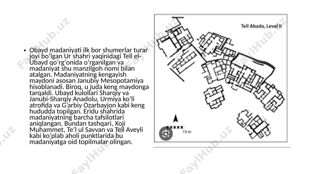 aniga dalildir. ma’badda bullalarning mavjudligi ma’badda ba’zi mahsulotlar saqlanganligini va keyinchalik qandaydir tarzda tarqatilganligini ko’rsatadi. ubayd davri binolarining koʻpchiligi ikki qanotli, oʻrtada zalli ikki qavatli binolardir. biroq, ubayd me’morchiligi haqida ko’p ma’lumot yo’q. uylar, odatda, pise texnikasi bilan qurilgan bo’lsa-da, aholi punktlari tosh poydevor ustidagi taxta devorlari bo’lgan devorlar bilan o’ralganligi tushuniladi. boshqa tomondan, diniy binolarning me’morchiligi diqqatga sazovordir. ko’pincha 20x10 metr o’lchamdagi platformada qurilgan ubayd ibodatxonalari shumer ibodatxonalarining peshqadamlari bo’lganligi qabul qilinadi. qishloq ichida dafn etish an’anasi ubayd davrida ham davom etgan. biroq, ko’rinib turibdiki, katta yoshli shaxslar turar-joy tashqarisida dafn etila boshlagan. masalan, eridu aholi punktidan tashqarida mingga yaqin dafn etilgan qabriston topilgan. qabrlar tsist qabrlarga ko‘milgan, atrofi gur g‘isht bilan o‘ralgan, tepasi esa xom g‘isht bilan qoplangan. bu qabrlarda dafnlar hokerga (bachadondagi kabi) qo’yiladi. qabrlarni tekshirishda ko’milgan sovg’alarning topilishi o’limdan keyingi hayotga nisbatan e’tiqod tizimi yaratilganligini ko’rsatadi. qabr buyumlari odatda zargarlik buyumlari hisoblanadi. qolaversa, qabrlarda sopol idishlar …