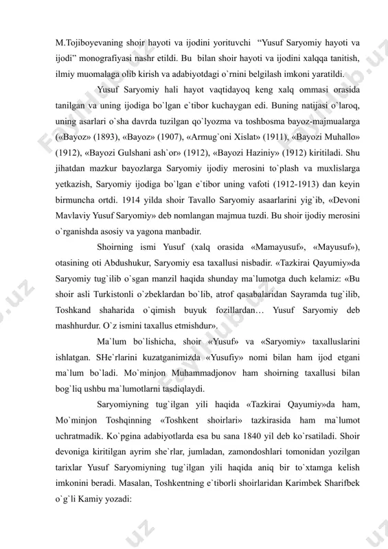 `ilgan yili haqida «tazkirai qayumiy»da ham, mo`minjon toshqinning «toshkent shoirlari» tazkirasida ham ma`lumot uchratmadik. ko`pgina adabiyotlarda esa bu sana 1840 yil deb ko`rsatiladi. shoir devoniga kiritilgan ayrim she`rlar, jumladan, zamondoshlari tomonidan yozilgan tarixlar yusuf saryomiyning tug`ilgan yili haqida aniq bir to`xtamga kelish imkonini beradi. masalan, toshkentning e`tiborli shoirlaridan karimbek sharifbek o`g`li kamiy yozadi: o`tub ketti, afsus, davroni yusuf, tutub motami qoldi ahvoni yusuf. yetushg`anda yetmishg`a umri aziz ajal oxiri tutti domoni yusuf. ko`rinadiki, kamiy uning 70 ga kirib vafot etganini qayd etyapti. shoirning 1332 hijriy (1912-1913 milodiy)da vafot etgani aniq. saryomiy «yetmishga yetishgan»da «ajal domonini» tutgan bo`lsa, 1262 hijriyda tug`ilgan bo`lib chiqadi. 1262 hijriy esa, 1845-46 milodiyga to`g`ri keladi. shunga ko`ra keyingi tadqiqotlarda shoirning tug`ilgan yili 1840 emas, 1845-46 yillar deb belgilandi. saryomiyning yoshlik yillari shu shaharning «qozi bayzo» mahallasida kechgan. dastlabki ta`limni saryom va chimkent shaharlaridan olgan. shu davrlardan she`r yoza boshlagan. saryomiy o`z hayoti davomida toshkent, samarqand, qo`qon, …