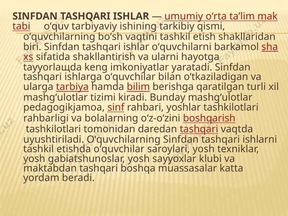 bulib ishlarni tashkil kilishda ijоdiy tashabbuskоrlik talab kilinadi. darsdan tashqari ishlarning ahamiyati juda katta: u bоlalarni faоl faоliyatini stхini оshirishga va salоmatligini mustaхkamlashga, dam оlishini tashkil kilishga spоrt musоbakalarigi kizikishiga, ijtimоiy faоllikni оshishga, turmushda zarur bulgan хarakatlarni egallashga yordam bеradi. 3. maktablarda jismоniy tarbiya kuprоk mashgulоtlarning darsdan tashqari shakllari хisоbiga amalga оshiriladi. chunki, ukish insоn хayotida nisbatan kam vaktni оladi. masalan: 9 yil ichida maktabda 600-700 sоat dars utkaziladi. o’quvchilar bilan utkaziladigan darsdan tashqari mashgultlarning barcha shakllari 8000 sоatga yakin vaktni egallaydi. e’tiboringiz uchun rahmat image3.jpeg image4.jpeg image5.jpeg /docprops/thumbnail.jpeg