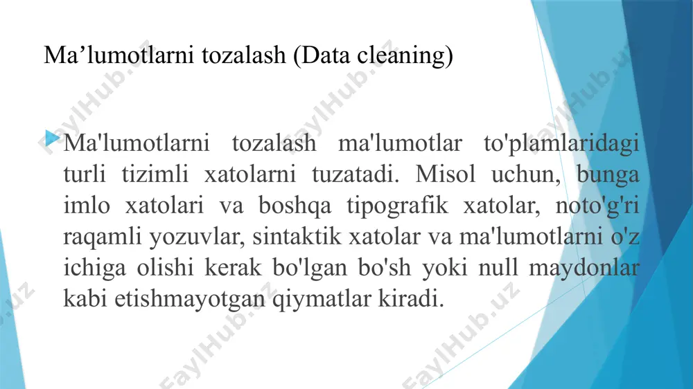 asalan, rasmlar (jpg), videolar va audio (mp3) fayllar kabi multimediya maʼlumotlarida keng qoʻllaniladi. bu usullar ba’zi maʼlumotlarni yoʻqotadi, lekin koʻpincha inson koʻzi va quloqlari uchun bu yoʻqotish sezilmaydi. maʼlumotlarni siqish (data compression) yoʻqotishsiz siqish (lossless compression): yoʻqotishsiz siqish usullari maʼlumotlarni hajmini kamaytiradi, lekin asl maʼlumotlarni butunlay qayta tiklash imkonini beradi. bu turdagi siqish matnli maʼlumotlar va boshqa maʼlumotlar uchun keng qoʻllaniladi. maʼlumotlarni siqish (data compression) lossily fayl hajmini kamaytiradi, asl ma'lumotlarning bir qismini butunlay yo'q qiladi. lossless keraksiz metama'lumotlarni olib tashlash orqali fayl hajmini kamaytiradi.. maʼlumotlarni siqish (data compression) quyidagi ma'lumotlarni siqish texnologiyalari qo'llaniladi: farqga asoslangan siqish; ierarxik siqilish; huffman kodlash. farqga asoslangan siqish ustun darajasidagi ma'lumotlarni siqish - alohida ustun uchun amal qiladi. bir xil ustunlar uchun turli xil siqish algoritmlaridan foydalanishga imkon beradi ierarxik yo'qotishsiz siqish ma'lumotlarni ierarxik yo'qotishsiz siqish - bu ma'lumotlarning to'g'ri ehtimollik modeliga nisbatan noaniqlik sharoitida ma'lumotlarni samarali siqish uchun ko'rsatilgan siqish usuli huffman kodlash …