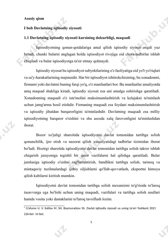 chiqadi. bu yerda davlatning uchta vazifasi alohida ahamiyatga ega: 1) daromad va boylikni qayta taqsimlash; 2) resurslarni qayta taqsimlash; 3) iqtisodiyotni barqarorlashtirish, ya'ni iqtisodiy tebranishlar vujudga keltiradigan inflyatsiya va bandlilik darajasi ustidan nazorat qilish hamda iqtisodiy o'sishni rag'batlantirish. davlat bozor iqtisodiyotining samarali amal qilishining shart- sharoiti hisoblangan huquqiy asosni ta'minlash vazifalarini o'z zimmasiga oladi. bozor 3 g’afurov u. v. xalilov m. sh. boymuradosv sh. davlat iqtisodiy siyosati va uning ta’siri toshkent 2021 226 bet -15 bet. iqtisodiyoti uchun zarur bo'lgan huquqiy asosni ta'minlash quyidagi tadbirlarning amalga oshirilishini taqozo qiladi: xususiy korxonalarning huquqiy mavqeini mustahkamlash; xususiy mulkchilik huquqini ta'minlash va shartnomalarga amal qilishni kafolatlash; korxonalar, resurslarni yetkazib beruvchilar va iste'molchilar o'rtasidagi munosabatlarni tartibga soluvchi qonuniy bitimlarni ishlab chiqish va boshqalar. o'zbekiston respublikasining «korxonalar to'g'risida», «tadbirkorlik faoliyati to'g'risida» va «aktsionerlik jamiyatlari to'g'risida»gi qonunlari hamda ularga kiritilgan qo'shimcha va tuzatishlar, mulkni davlat tasarrufidan chiqarish hamda xususiylashtirish bo'yicha tadbirlari bozor iqtisodiyoti uchun zarur huquqiy …