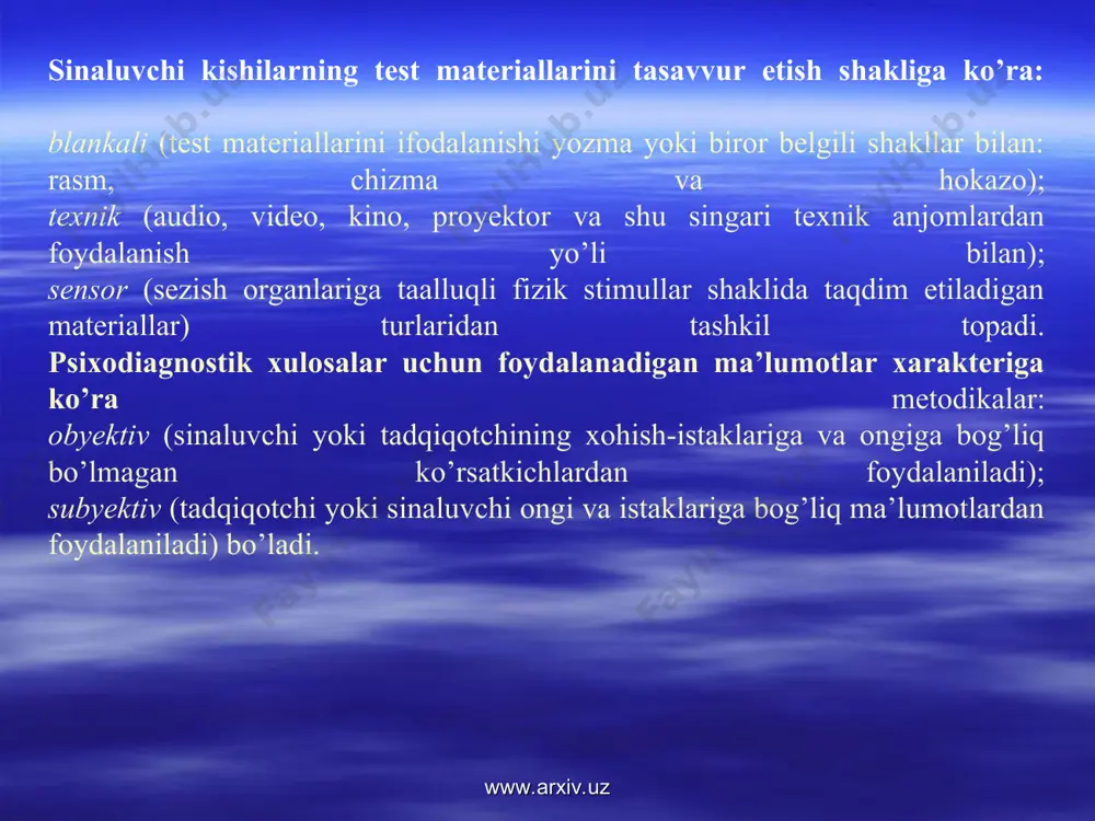 shdir. didaktik diagnostika pedagogik jarayonni takomillashtirish uchun xizmat qilishdir (ta’lim jarayonining tashkiliy metodik tomonlaridan tashqari). bunda talabalarning og’zaki va yozma javoblari hamda ulardagi tipik xatolar, sabablari, ta’lim faoliyatidagi salbiy o’zgarishlar o’rganiladi. shuningdek, talabalardagi mehnat malaka va ko’nikmalarning rivojlanganlik darajasi hamda ta’lim olishga nisbatan moyillik diagnostika qilinadi. ijtimoiy-pedagogik diagnostika talabalarning pedagogik qarovsizligi va moslashganlik darajasini o’rganuvchi hamda tarbiyasi og’ir bolalarni diagnostika qilishda ijtimoiy omillarni hisobga oluvchi yo’nalishdir. diagnostika pedagoglar tomonidan maktab va o’quv yurtidan tashqarida olib boriladi. shu sababli diagnostika jarayoni “oila sosiologiyasi va iqtisodi”, “huquq sosiologiyasi”, “dam olish sosiologiyasi”, “iqtisodiy sosiologiya” kabi sohalarda qo’llaniladigan metodikalar va ko’rsatkichlardan foydalanishni taqozo qiladi. www.arxiv.uz www.arxiv.uz ijtimoiy-psixologik va pedagogik diagnostika bu yo’nalish sosiologiya, ijtimoiy psixologiya, pedagogikani o’z ichiga qamrab olgan. u talabalar, pedagoglar va ota-onalar guruhlarini o’rganishga; talabalarga ommaviy kommunikasiya vositalarining (radio, televideniye, gazetalar va hokazo) ta’sirini aniqlashga; talabalarning burch va huquqlari hamda o’zaro munosabatlarini yoritishga yo’naltirilgan xatti-harakatlar majmuidir. pedagogik diagnostika psixologik va pedagogik …