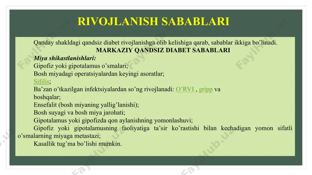parchalanishidir. odatda, kasallikning belgilari homiladorlikning uchinchi trimestrida namoyon bo’ladi, lekin tug’ruqdan keyin ular o’z-o’zidan yo’qolib ketadi. nefrogen qandsiz diabet sabablari kasallik tug’ma bo’lishi mumkin (eng keng tarqalgan sababi); kasallik ba’zan buyrakning miya moddasi yoki nefronning siydik naychalari shikastlanishi bilan kechadigan ma’lum sharoitlar yoki kasalliklar bilan bog’liq bo’ladi; noyob anemiya (o’roqsimon hujayrali); buyrak polikistozi (ko’p kistalar) yoki amiloidoz (amiloid to’qimasida cho’kma); surunkali buyrak yetishmovchiligi; qonda kaliyning ortishi yoki kalsiyning pasayishi; buyrak to’qimasiga toksik ta’sir qiluvchi dorilarni qabul qilish (masalan, litiy, amfoteritsin b, demeklotsilin); ba’zida zaiflashgan bemorlarda yoki qarilik davrida paydo bo’ladi. biroq, barcha holatlarning 30% da qandsiz diabet kasalligining sababi aniqlanmaganligicha qoladi. chunki o’tkaziladigan barcha tadqiqotlar ushbu kasallikning rivojlanishiga olib keladigan har qanday kasallik yoki omil mavjudligini ko’rsatmaydi. qandsiz diabet alomatlari qandsiz diabet rivojlanishiga olib keladigan sabablar turli bo’lishiga qaramasdan, kasallikning belgilari va alomatlari barcha turlarida deyarli bir xil. biroq, kasallik alomatlarining namoyon bo’lish kuchliligi darajasi ikki narsaga bog’liq: nefron kanalchalarining …