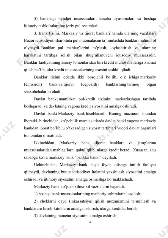 isoblanadi va shu sababli kredit-pul operatsiyalari ko’proq ularning iqtisodiy foydaliligiga va samaradorligiga qarab beriladi. tijorat banklari o’zlarining xo’jalik mavqeiga ko’ra aktsionerlik tipidagi muassasalar hisoblanadi. huquqiy mavqeiga ko’ra, faoliyatning biron bir turiga xizmat ko’rsatuvchi, ixtisoslashgan yoki milliy bank bo’lishi mumkin. tijorat banklar sanoat, savdo va boshqa xil korxonalarni omonat tarzida jalb etilgan pul mablag’lari hisobidan kreditlaydi, korxonalar o’rtasida hisob-kitobni amalga oshiradi, shuningdek vositachilik va valyuta operatsiyalari bilan shug’ullanadi. ixtisoslashgan tijorat banklar - iqtisodiyotning turli sohalarida tijorat tamoyillarida kredit-pul operatsiyalarining muayyan turlarini amalga oshiradi. xalq banki - mamlakatda omonat ishlarini tashkil etishni, naqd pulsiz hisob-kitob qilishni va aholi uchun kassa vazifasini amalga oshirishni, aholiga shaxsiy ehtiyojlarga kredit berishni va shu kabi operatsiyalarni ta’minlaydi. tashqi iqtisodiy faoliyat milliy banki eksport-import operatsiyalarini bevosita amalga oshiruvchi korxona va muassasalarga kredit beradi, qo’shma korxonalarga kredit berishda qatnashadi, yig’ma valyuta rejasining ijrosini, valyuta resurslaridan tejab foydalanishini nazorat qiladi, shuningdek tashqi iqtisodiy operatsiyalarga oid hisob-kitoblarni tashkil qiladi va …