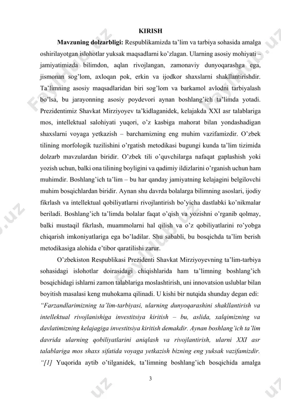 usi avlodlarga to’liq va boy holatda yetkazishdir. til bu xalqning boy madaniyati, tarixi va ruhiyatidir. tilini yo’qotgan millat - o’zligidan ajraladi.“[2] ushbu nutq, albatta, so’zning morfologik tuzilishini o’rgatish muhimligini yana bir bor tasdiqlaydi. til - bu nafaqat aloqa vositasi, balki millatning madaniy boyligi va tarixidir. shu sababdan boshlang’ich sinflardan boshlab ona tili va uning morfologik tuzilishini o’rgatish, kelajak avlodga ona tilining sirlarini tushuntirish muhim hisoblanadi. kurs ishining maqsadi: ushbu kurs ishi o’quvchilarda morfologik bilimlarni rivojlantirish hamda o’zbek tilining so’z tuzilishi haqida to’liq tushunchani shakllantirish maqsadini ko’zlaydi. kurs ishining vazifalari: 1. boshlang’ich sinflarda morfologik tuzilishni o’rgatish metodlarini tahlil qilish; 2. so’zlarning ildiz, affiks va qo’shimchalarini to’g’ri ajratish yo’llarini o’rgatish; 3. interaktiv va innovatsion metodlardan foydalanish orqali o’quvchilarda qiziqish uyg’otish. kurs ishining obyekti: boshlang’ich sinflarda o’quvchilarga o’zbek tilining morfologik tuzilishini o’rgatish jarayoni. kurs ishining predmeti: boshlang’ich sinflarda so’zning morfologik tarkibi va unga oid darsliklar va o’quv-uslubiy qo’llanmalarda qo’llaniladigan metodlar. kurs ishining tuzilishi: …