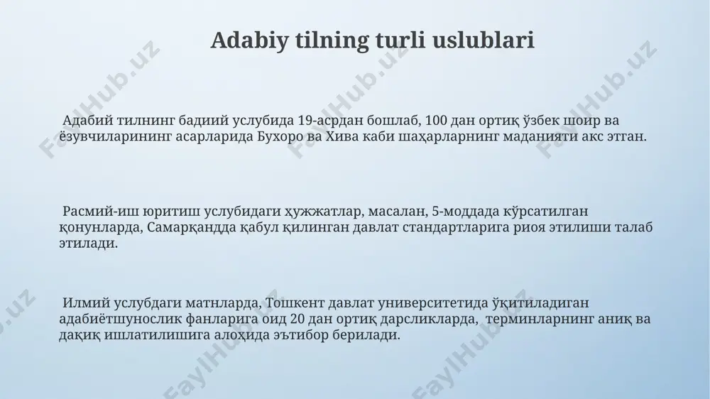 a xos xususiyatlarni aks ettirishi mumkin. til tozaligi va boyligi ўзбекистон бўйлаб 50 дан зиёд таълим муассасаларида "til tozaligi va boyligi"га бағишланган дарслар ва семинарлар ўтказилиб, 1000 дан ортиқ талаба ва ўқитувчилар иштирок этган. "til tozaligi va boyligi" ҳаракати 1989 йилда, ўзбек тилининг бузилишига қарши кураш мақсадида, тошкент шаҳрида бошланган ва 20 дан ортиқ тадбирларни ўтказган. бу ҳаракат натижасида 300 дан ортиқ китоб, мақола ва луғатлар чоп этилиб, ўзбек тилининг лексик бойлигини ва адабий нормаларини сақлашга ҳисса қўшган. tildagi oʻzgarishlar va yangi soʻzlar 1990-yillardan keyin oʻzbekiston respublikasining mustaqilligi tufayli, 200 dan ortiq yangi soʻz va terminlar, asosan, siyosiy va iqtisodiy sohalardan, tilga kirdi, masalan, "demokratiya", "prezident" kabi tushunchalar. xorazm viloyati shevalaridan olingan 30 ga yaqin soʻz va iboralar, badiiy adabiyotda keng qoʻllanila boshlandi, bu esa tilning milliy oʻziga xosligini saqlab qolishga hissa qoʻshmoqda. toshkent shahrida joylashgan oʻzbekiston milliy ensiklopediyasi nashriyotining lugʻatlarida 5000 dan ortiq yangi soʻz va terminlarning qoʻllanilishi kuzatiladi, …