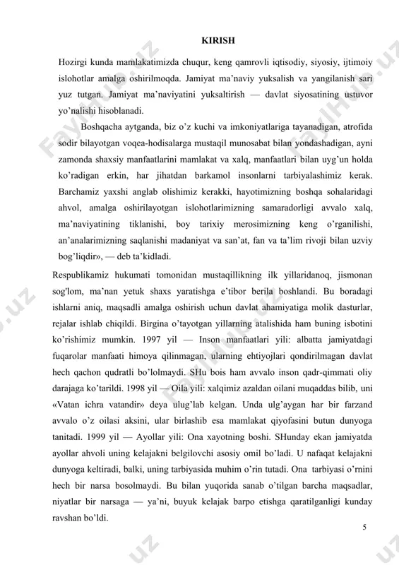yagona g’oya — milliy mafkuraga sadoqat ruhida tarbiyalash; ikkinchidan, yoshlarni baynalmilal jahon hamjamiyatida, xalqaro maydonda o’zbekistonga munosib hurmat tug’dirish uchun intilish ruhida tarbiyalash; uchinchidandan, yosh avlodni vatanparvarlik, el-yurtga sadoqat, yuksak odamiylik va insoniy fazilatlar ruhida tarbiyalash; to’rtinchidan, yosh avlodni ulug’ ajdodlarimizning munosib vorislari ekanliklari, ayni vaqtda jahon va zamonning umumbashariy yutuqlarini egallash ruhida tarbiyalash o’zbekistonda o’quvchi-yoshlarni tarbiyalashning eng dolzarb masalasidir. davlatimiz rahbari ko’rsatib berganidek, ta’lim-tarbiya sohasidagi islohotlar: birinchidan, ijtimoiy-siyosiy iqlimga ijobiy ta’sir ko’rsatishga, umuman mamlakatdagi mavjud muhitni butunlay o’zgartirishga; ikkinchidan, insonning hayotda o’z o’rnini topishini tezlashtirishga; uchinchidan, jamiyatda mustaqil fikrlovchi erkin shaxsni shakllantirishda; to’rtinchidan, insondagi mavjud salohiyatni to’la ro’yobga chiqarishga; beshinchidan, umumiy va maxsus bilimlarga ega, ongli, tafakkuri ozod, zamonaviy dunyoqarash, milliy va umuminsoniy qadriyatlarga voris bo’lgan, kuchli fuqarolik jamiyatini barpo etadigan komil insonlarni tarbiyalashga qaratilgan. mazkur kontseptsiyada taraqiyotimizning ma’naviy-axloqiy negizi milliy va umuminsoniy qadriyatlar uyg’unligi ekanligi e’tirof etildi, milliy va umuminsoniy tarbiyaning quyidagi o’zaro aloqalari, uyg’un yo’nalishlari belgilab olindi. …