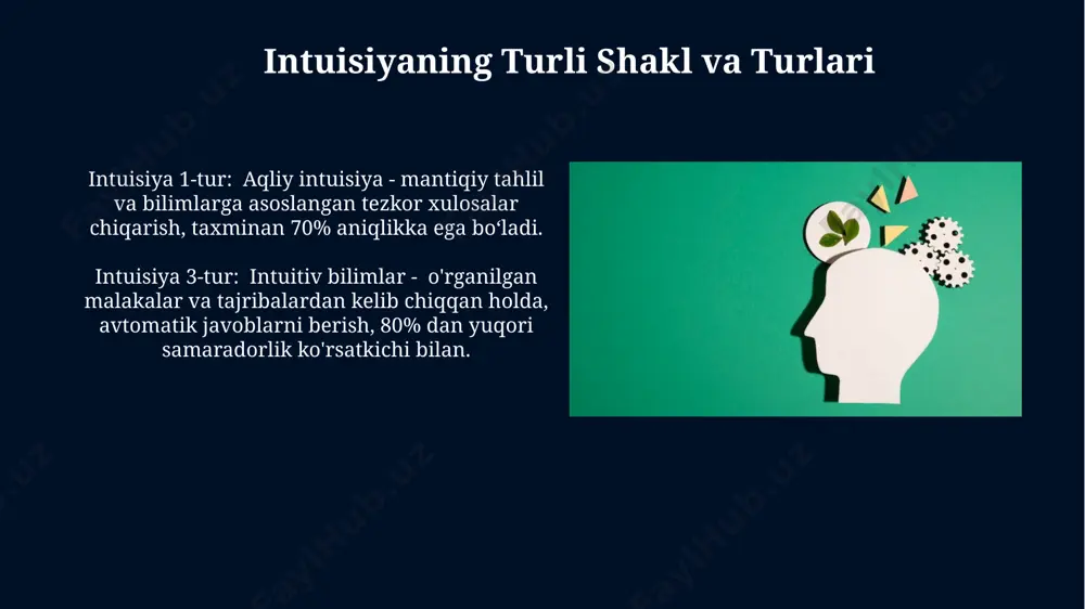 issiy signallar 2-3 soniya ichida muhim ma'lumotlarni qayta ishlashga imkon beradi, natijada tezkor va samarali reaktsiyalarni keltirib chiqaradi. idrokning asosiy mexanizmlari intuitiv idrokning asosiy mexanizmlaridan biri – 10-15 millisekund ichida ongsiz ravishda ma'lumotlarni qayta ishlash va shu asosda tezkor xulosalar chiqarishdir, bu esa aftomatik qo'zg'alishlar bilan bog'liq. intuitiv idrokda heuristik qoidalar, ya'ni soddalashtirilgan qaror qabul qilish strategiyasi, muhim ahamiyatga ega; ularning samaradorligi 80% ga yaqin bo'lishi mumkin, lekin xato ehtimoli ham mavjud. e'tiboringiz uchun rahmat @taqdimot_robot image5.jpg image6.jpg image7.jpg image8.jpg image9.jpg image10.jpg image11.jpg image12.jpg image13.jpg image14.jpg image15.jpg image1.jpg
