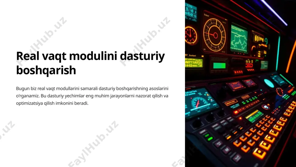 lumotlarni tahlil qilib, kerakli boshqaruv chiqishlarini shakllantiradi. 2 prognoziy boshqaruv kelajakdagi holatlarni bashorat qilish asosida optimal boshqaruv qarorlarini qabul qilish. 3 adaptiv boshqaruv tizimning holati va tashqi ta'sirlar o'zgarishlariga moslashish qobiliyatini ta'minlaydi. 6 real vaqt modulini boshqarish arxitekturasi 1 senshorlar 2 boshqaruv bloki 3 aktuatorlar 4 monitoring va analitika 5 xavfsizlik va barqarorlik 7 real vaqt modulini boshqarish yechimlar mikrokontrollerlar oʻlchov va boshqaruv algoritmlari yozilgan qudratli mikrokontrollerlar. sanoat komputerlari mahdud resurslardan samarali foydalanish uchun maxsus ishlab chiqilgan sanoat komputerlari. dispetcherlik pultlari barcha ma'lumotlarni kuzatish va jarayonlarni nazorat qilish uchun maxsus dispetcherlik pultlari. bulutli platformalar real vaqt ma'lumotlarini saqlash va tahlil qilish uchun bulutli xizmatlardan foydalanish. 8 real vaqt modulini boshqarishda kiberxavfsizlik 1 ma'lumotlar himoyasi senshorlar va uzatilayotgan ma'lumotlarning saqlanishi va bütünligi. 2 tizim himoyasi tizimga ruxsatsiz kirishlardan va buzilishlardan saqlash. 3 foydalanuvchi himoyasi foydalanuvchilar va xizmatlar huquqlarini cheklash va displey qilish. 4 ishlab chiqarish jarayonlarini himoya qilish ishlab chiqarish jarayonlarini …