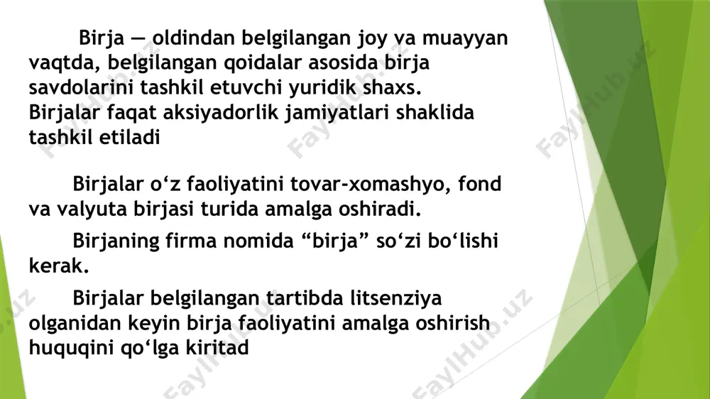 tartibini tasdiqlash. birjaning huquqlari: kotirovkalash, arbitraj, listing, nazorat va boshqa birja komissiyalarini tashkil etishga; agar birja tovarlarining kotirovkalari (narxlari) birja tomonidan belgilangan chegaraviy miqdordan o‘zgarib ketsa, birja savdolarini to‘xtatishga; qonunchilikka muvofiq tanlov, kimoshdi, ko‘rgazma-yarmarka savdolarini, davlat xaridlari va korporativ xaridlarni tashkil etish hamda o‘tkazishga; birja axborotnomalari, ma’lumotnomalari hamda boshqa axborot va reklama materiallarini chiqarish kabi huquqlarga ega. birjaning majburiyatlari - birja savdolarini tashkil etishi; - birja tovarlariga bo‘lgan talab va taklifning nisbati asosida ularni kotirovkalashni (ularning narxini belgilashni) amalga oshirishi; - savdo maydonchalarida va seksiyalarda birja savdolari o‘tkazish joyi hamda vaqti to‘g‘risida birja a’zolarini o‘z vaqtida xabardor qilishi; - tuzilgan birja bitimlarining bajarilishini ta’minlash uchun shart-sharoitlar yaratishi; - birja a’zolarining va ular mijozlarining o‘zaro majburiyatlarini belgilashni, aniqlashtirishni hamda hisobga olishni (kliring), shuningdek bankda ochilgan maxsus hisobvaraqlar orqali ular o‘rtasidagi o‘zaro hisob-kitoblarni amalga oshirishi; - birja, birja a’zolari va ularning mijozlari pul mablag‘larining alohida-alohida hisobini yuritishi; - muntazam ravishda (haftasiga kamida …