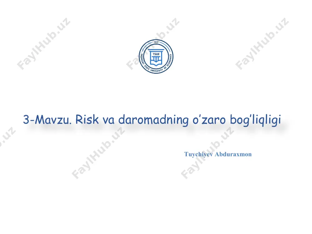 riladigan moliyaviy risklar; prognozlashtirilmaydigan moliyaviy risklar. sug‘urtalash imkoniyati bo‘yicha sug‘urtalanadigan moliyaviy risklar; sug‘urtalanmaydigan moliyaviy risklar. moliyaviy oqibatlar bo‘yicha faqat iqtisodiy yo‘qotishlarga sabab bo‘ladigan risk foydaning kamayishiga ta’sir etuvchi risk iqtisodiy yo‘qotishlarga yoki qo‘shimcha daromadga sabab bo‘ladigan risk корхонада молиявий рискларни бошқариш – бу турли кўринишдаги рискларга ҳар томонлама баҳо бериш ва улар юзага келтириши мумкин бўлган салбий оқибатлари олдини олишни таъминловчи метод ва принципларни ишлаб чиқиш ва молиявий қарорларни қабул қилиш тизимини ифодалайди. молиявий рискларни бошқариш корхонанинг бозор қиймати пасайиши мумкин бўлган ҳолатлар олдини олиш ва уни ривожлантириш жараёнида корхона молиявий хавфсизлигини таъминлаш молиявий рискларни бошқариш мақсади 1 корхона молиявий хавфсизлигига таҳдид соладиган молиявий фаолиятнинг юқори риск соҳаларини аниқлаш 2 алоҳида рискли ҳодисалари ва улар билан боғлиқ бўлиши мумкин бўлган молиявий йўқотишларнинг юзага келиш эҳтимоллигига ҳар томонлама объектив баҳо бериш 3 молиявий операциялардан кўзланган даромадлилик даражалари муносабати бўйича молиявий рисклар даражалари минималлигини таъминлаш 4 рискли ҳодисалар юзага келганда корхонанинг юзага …