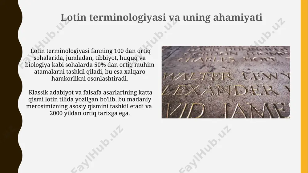 mgi tarixi klassik lotin tili, miloddan avvalgi 1-asrda cicero va caesar kabi adiblarning asarlari orqali rivojlanib, grammatika va adabiyotning o'rnak sifatida xizmat qilgan va shu orqali zamonaviy tillarga ko'plab so'zlar taqdim etgan. lotin tili evropaning ko'plab tillarining, jumladan, roman tillari guruhi (fransuz, ispan, italyan va boshqalar) ning asosini tashkil etgan va 500 dan ortiq so'zlari ingliz tiliga kirib kelgan. lotin tili va tibbiyot lotin tilida yozilgan qadimgi tibbiyot risolalarining 1000 dan ortiq qo'lyozmasi bugungi kungacha saqlanib qolgan bo'lib, ular zamonaviy tibbiyotning rivojlanishiga katta hissa qo'shgan. taxminan 85% tibbiy terminlar, jumladan, "anatomiya", "fiziologiya" va "patofiziologiya" kabi asosiy atamalar, lotin tilidan olingan. e'tiboringiz uchun rahmat @taqdimot_robot image1.jpg image2.jpg image3.jpg image4.jpg image5.jpg image6.jpg image7.jpg image8.jpg image9.jpg image10.jpg image11.jpg image12.jpg image13.jpg image14.jpg image15.jpg image16.jpg image17.jpg