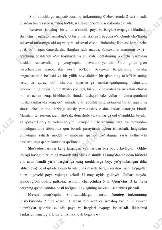 qumlami mustahkamlashda keng qo‘llaniladi. sho‘radoshlarning aksariyat turlari gipsli va sho‘rli cho‘l o‘tloq- laridagi asosiy yem-xashak o‘sim- liklari qatoriga kiradi. masalan, te- resken, izen, sho‘rak, donasho6r turkumlariga oid o‘simliklar tuyalar va qorako‘l qo‘ylari uchun to‘yimli ozuqadir. cherkezning bargi va mevasidan olinadigan dori tibbiyotda qon bosmli pasaytirish uchun ishlatiladi. itsigakdan olinadigan zaharli modda - anabazin qishloq xo‘jaligiga zarar keltiruvchi hasharotlarga qarshi kurashda qo‘llanadi. sho’radoshlarning keng tarqalgan vakillaridan biri oddiy lavlagidir. oddiy lavlagi lavlagi turkumiga mansub ikki yillik o’simlik. u urug’dan chiqqan birinchi yili uzun bandli yirik barglar va oziq moddalarga boy, yo’g’onlashgan ildiz (ildizmeva) hosil qiladi. ikkinchi yili unda mayda bargli, sershox, uchi to’pgullar bilan tugovchi poya vujudga keladi. u may oyida gullaydi. gullari mayda. gulqo’rg’oni oddiy, gulkosachasimon, changchilari 5 ta. urug’chisi 3 ta meva bargning qo’shilishidan hosil bo’lgan. lavlagining mevasi – sentabrda pishadi. mevasi yong’oqcha. sho’radoshlarga mansub ismaloq turkumining o’zbekistonda 2 turi o’sadi. ulardan biri rezavor ismaloq bo’lib, u ziravor o’simliklar …