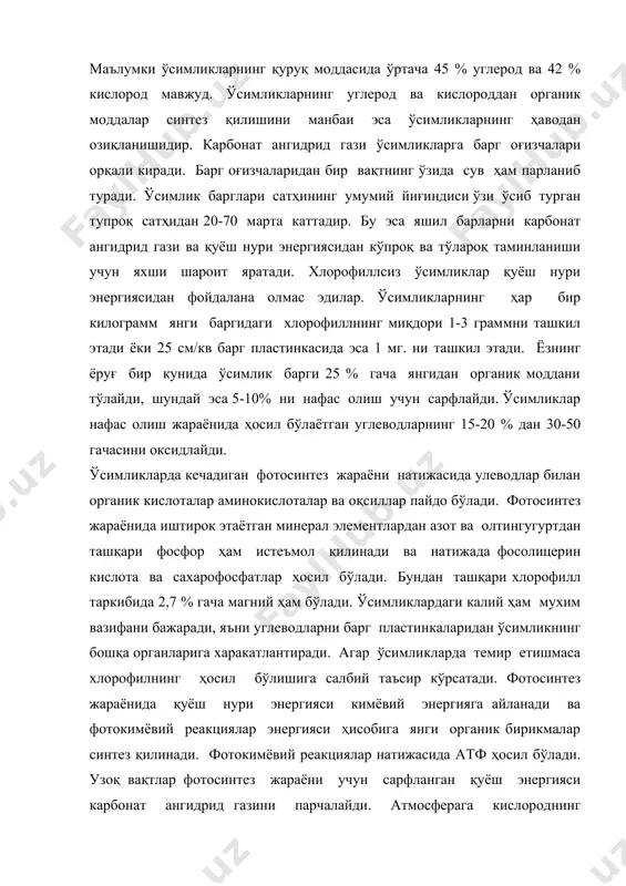 ормалдегид ўсимликларда ҳеч қачон учратилмаган. а.п.виноградов 1941 йилда бу масалани ойдинлаштирди. у изотоп усули ёрдамида фотосинтез жараёнида ўсимликлар томонидан ажралиб чиқарилаётган кислород сувнинг парчаланиши натижасида ҳосил бўлади,карбонат ангидриднинг парчаланиши натижасида эмаслигини исботлади. кейинчалик фотосинтез жараёнини 2 стадияда содир этилиши аниқланди. шулардан биринчиси фотосинтез ёруғликда содир бўлади, сув парчаланади ва кислород ажралиб чиқади ҳамда водород иштирокида қайтадан ҳосил бўлган бирикмалар вужудга келади. иккинчи стадияси қороньуда содир бўлади ва бунда карбонат ангидрид ассимиляция қилиниб ҳар хил органик бирикмалар ҳосил бўлади. ўсимликларнинг қуёш нури энергиясидан фойдаланиш коэффициентини ошириш учун юқори ҳосилли экинларни экиш ва қайта экишни жорий этиш лозим. ҳашаки илдизмевали экинларнинг қуёш нуридан фойдаланиш коэффициенти 1,98 %, картошканики 2,38 %, ғалла экиларида 2,42 - 2,74 %, люпинда 4,79 % ни ташкил этади. ҳар йили бутун ер юзасида ўсимликлар 400 млрд тонна органик моддани синтез қилади. агар атмосферани карбонат ангидрид гази билан тўлдириб турилмаса, таминан 4-5 йил мобайнида тўлиғича у яшил ўсимликлар билан …