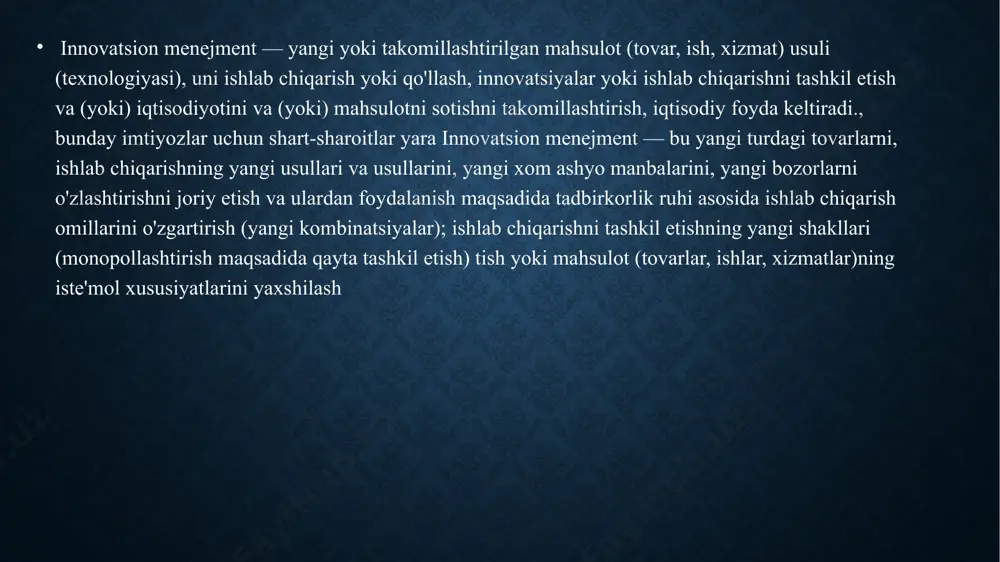 gaytirilgan. oddiy innovatsion jarayon bir xil tashkilot ichida yangilik yaratish va undan foydalanishni o‘z ichiga oladi. mazkur holatda yangilik to‘g‘ridan-to‘g‘ri mahsulot shaklini olmaydi. oddiy tashkilotlararo innovatsion jarayonda innovatsiyalar oldi-sotdi predmeti sifatida ishlaydi. innovatsiya jarayonining ushbu shakli yangilik yaratuvchisi va ishlab chiqaruvchisi funksiyasini uning iste’molchi funksiyasidan ajratilishini anglatadi. mazkur holat qachonki, ishlab chiqaruvchi tadqiqot institutidan patent sotib olgan taqdirdagina yuz beradi. kengaytirilgan innovatsion jarayon (diffuziya) ilg’or ishlab chiqaruvchining monopoliyasini buzgan holatda tobora ko‘proq yangi ishlab chiqaruvchilar paydo bo‘lishida namoyon bo‘ladi. shu bilan birgalikda ishlab chiqarilayotgan mahsulotning iste’mol xususiyatlarini yaxshilash uchun raqobat orqali o‘z hissasini qo‘shadi. diffuziya - bu allaqachon o‘zlashtirilgan va yangi sharoitlarda yoki oldin qo‘llaniladigan yangilikning tarqalishi. j.shumpeterning innovatsiya nazariyasiga ko‘ra, innovatsiyalarning diffuziyasi - ko‘proq foyda kutib, innovatordan keyin yangiliklarni kiritadigan taqlidchilar sonining kümülatif ko‘payish jarayonidir. j.shumpeter super-daromad kutishni innovatsiyalar qabul qilishning asosiy harakatlantiruvchi kuchi deb hisoblaydi. innovatorlar va taqlid qiluvchilar innovatsion jarayonning asosiy sub’ektlari hisoblanadi.  dunyoning yetakchi rivojlangan …