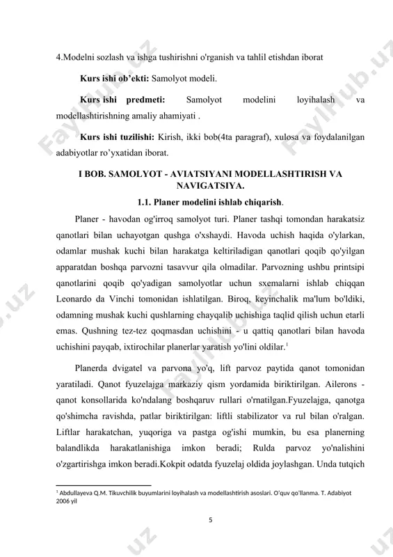ismlari sxemasini takrorlaydi. u quyidagi asosiy qismlardan iborat (19-rasm). qanot va patlar yuk bilan rels-fyuzelyaj 1 ga biriktirilgan. 2 qanot - ko'taruvchini yaratadigan rulman yuzasi; yetakchi va orqa qirralar va qovurg‘alardan iborat. stabilizator 3 - modelning gorizontal (uzunlamasına) barqarorligini ta'minlaydigan gorizontal patlar. keel 4 - vertikal (ko'ndalang) barqarorlikni ta'minlaydigan vertikal tuklar. modelning yordamchi qismlari - tokchalar, cho'chqalar, kancalar - modelni ishga tushirish uchun xizmat qiladi. qanot, stabilizator va keel to'qima yoki slyuda qog'oz bilan qoplangan. amaliy mashg'ulotlarda havo kemasining modelini loyihalash quyidagilarni o'z ichiga oladi: -sxemani tanlash va modelning asosiy o'lchamlarini aniqlash; -model qismlarining massasini, rulman yuzasi birligiga yukni aniqlash; -eskizlar va ishchi chizmalarni bajarish; -modelni ishlab chiqish va ishlab chiqarish. model kuchli va qattiq bo'lishi kerak. samolyotning sxematik modelini qurishning oddiy usuli tavsiya etiladi. bu qanot kengligiga qarab modelning asosiy o'lchamlarini aniqlashdan iborat. loyihalash jarayonida 5-10% dan ko'p bo'lmagan og'ishlarga yo'l qo'yiladi. samolyotlarni modellashtirishda xarakterli o'lchamlarning quyidagi belgilari qabul …