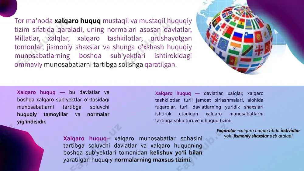 chi mexanizmlar mavjud. to'rtinchisi, ta'minlash funksiyasi - xalqaro huquq javobgarlik haqidagi normalarni ham o'z ichiga oladi, ushbu funksiya xalqaro huquqning umumtan olingan normalariga xalqaro huquq subyektlari tomonidan rioya qilinishini ta'minlaydi. xalqaro majburiyatlar buzilganligi uchun xalqaro huquq sub- yektlariga xalqaro huquq yo'l qo'yadigan javobgarlik choralari va sanksiyalarni qo'llash mumkin; beshinchisi, axborot-tarbiya funksiyasi davlatlar tomonidan to'plangan tajribalarni bir-biriga yetkazish, kishilarni o'z huquqlarini xalqaro darajada himoya qilish, qadriyat- lar va inson manfaatlariga rioya qilish ruhida tarbiyalashdan iborat. xalqaro huquq siyosiy va axloqiy ongga, rivojlanishga ta'sir qiladi. xalqaro huquqning quyidagi funksiyalari xalqaro huquq normalari xalqaro huquq sub'ektlarining o'zlari tomonidan xalqaro aloqaning teng huquqli ishtirokchilarining erkin irodasi asosida yaratiladi. xalqaro huquqni kim yaratadi? xalqaro huquq tomonidan tartibga solinadigan munosabatlar "xalqaro ommaviy munosabatlar" tushunchasi bilan bir xil deb qaraladi. bunday munosabatlar sifatida quyidagilarni keltirish mumkin: birinchidan, davlatlararo (ikki tomonlama, mintaqaviy, universal) munosabatlar; ikkinchidan, davlatlar va xalqaro hukumatlararo tashkilot- lar o'rtasidagi munosabatlar; uchinchidan, davlatlar va davlatlarga o'xshash …
