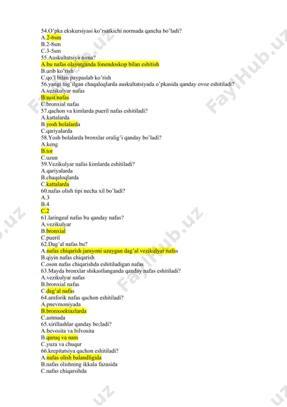 qanday qon oqadi? a.o2 b.co2 c.aralash 80.aransiyev yo’li qayerda joylashgan? a. kindik arteriyasi va oastki kovak vena o’rtasida b.kindik venasi va kindik arteriyasi o’rtasida c.kindik venasi va pastki kovak vena o’rtasida 81.homilada pastki kovak venadagi oqadigan qon qayerga boradi? a.o’ng bo’lmachaga b.o’ng qorinchaga c.chap bo’lmachaga 82.o’pka arteriyasi qayerdan chiqadi? a.aortadan b.chap qorinchadan c.o’ng qorinchadan 83.oval teshik qayerda joylashgan? a.bo’lmachalar orasida b.o’ng bo’lmacha va o’ng ng qorincha o’rtasida c.qorinchalar o’rtasida 84.batalov yo’li qayerda joylashgan? a.aorta va o’pka arteriyasi o’rtasida b.arteriyalar o’rtasida c.yuqori va pastki kovak venalar o’rtasida 85.kindik arteriyasi qayerdan chiqadi? a.pastki kovak venadan b.aortadan c.o’pka rteriyasidan 86.chaqaloq tug’ilganidan so’ng arterial yo’lakning obliteratsiyasi qachon yakunlanadi? a.5-kunda b.6-8 haftada c.4-haftada 87.postembrional davrda kindik venasi nimaga aylanasi? a.pufak bog’lamga b.pufak-kindik bog’lamiga c.dumaloq bog’lamga 88. postembrional davrda kindik arteriyasi nimaga aylanasi? a.pufak bog’lamga b.pufak-kindik bog’lamiga c.dumaloq bog’lamga 89.chaqaloq hayotida oval teshik yopilishi qachon to’liq yakunlanadi? a.6-8 haftaligida b.5-7 oyligida c.2-sutkada 90.yangi tug’ilgan chaqaloqning yurak …