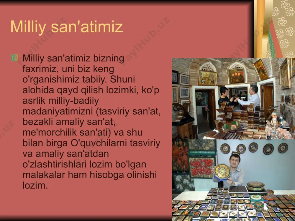 htipar onalar kabi obrazlarni aks ettira olishga muvaffaq bo’ldi. jumladan, "toshkent - tinchlik va do’stlik shahri" triptixi, "bola, xonada", «intizorlik», "yosh sila haqida qo’shiq" kabi o’nlab asarlar moybuyovda yaratilgan. umuman rassom tabiat va jamiyatda bo’layotgan o’zgarishlarmi e’tiborsiz qoldirmaydi. rassom rangtasvirlarga shunday jon bag’ishlaydiki, undagi go’zallik sirlari odamlarni ezgulikka egaklaydi. rassom asarlari bugungi kunda xalqimiz hurmatini qozonish bilan birga, ko’pgina xorijiy davlatlarda ham ma’lum va mashhurdir. bahodir jalolov ham o’zbekistan xalq rassomi bo’lib, zamonaviy rangtasvir san’ati rivojiga katta hissa qo’shib kelayotgan iste’dodlm rassomlardan biridir. b.jalolov tasviriy san’at borasidagi tahsilni davom ettirib, keyinchalik ch.admarob, r.choriev, e.pmelnikov, b.d.korolyovlardan tasviriy san’at sirlarini o’rgandi. san’atkor bu bilan qoniqmasdan haykalda aks ettirilayotgan voqeani rangin sirlarini matolarda yanada to’ldiradi. yana bir muhim tomoni d.ro’ziboevning izlanishlari kelajak muammolarini talqin qilishga qaratilgan. san’atkor ko’tarinki ruh bilan musiqa, rangtasvir asarlarini o’rganib, o’z haykallarida mujassamlashga intiladi. haykaltaroshning ajoyib fazilatlaridan yana biri uning asarlarida xissiy mazmundorlik boyib borayotganligidir. ana shunday mazmundorlik orqali …