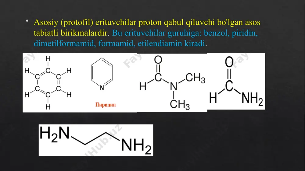 halqalarni o'z ichiga olgan birikmalar asoslar sifatida titrlanadi, ammo jarayon amalda qaytarilmaydi, chunki bu aniqlanayotgan birikmalarning kationlarini hosil qilishga olib kelmaydi. kislotali birikmalarni titrlashda titrant asosini tanlash ham erituvchiga bog'liq. qayta tiklanadigan natijalarni olish uchun titrant asosining kuchi erituvchining kuchli asosining kuchi bilan solishtirish kerakligini hisobga olish kerak. ideal holda, titrant sifatida erituvchining kuchli tuzidan foydalanish kerak, chunki u ma'lum bir erituvchida mavjud bo'lishi mumkin bo'lgan eng kuchli asosdir. shunday qilib, agar oddiy spirtlar (etanol, metanol) karboksilik kislotalarni aniqlash uchun erituvchi sifatida ishlatilsa, titrant sifatida odatda natriy etoksid va natriy metoksid ishlatiladi. indekatorlar ph o'tish oralig'ini tavsiflovchi asosiy parametrlar va indikatorning rangi turli erituvchilarda farq qiladi va ularning suvdagi qiymatlaridan juda farq qiladi. shuning uchun suvsiz erituvchilarda moddalarni aniqlash uchun ko'rsatkichlarni tanlash murakkab va ko'pincha empirik tarzda amalga oshiriladi. kislotali muhitda indikatorlari: kristal binafsha, sudan iii, tropeolin 00, metil binafsha, neytral qizil, malaxit yashil, dimetil sariq, naftolbenzein. kislotali muhit titranti: …
