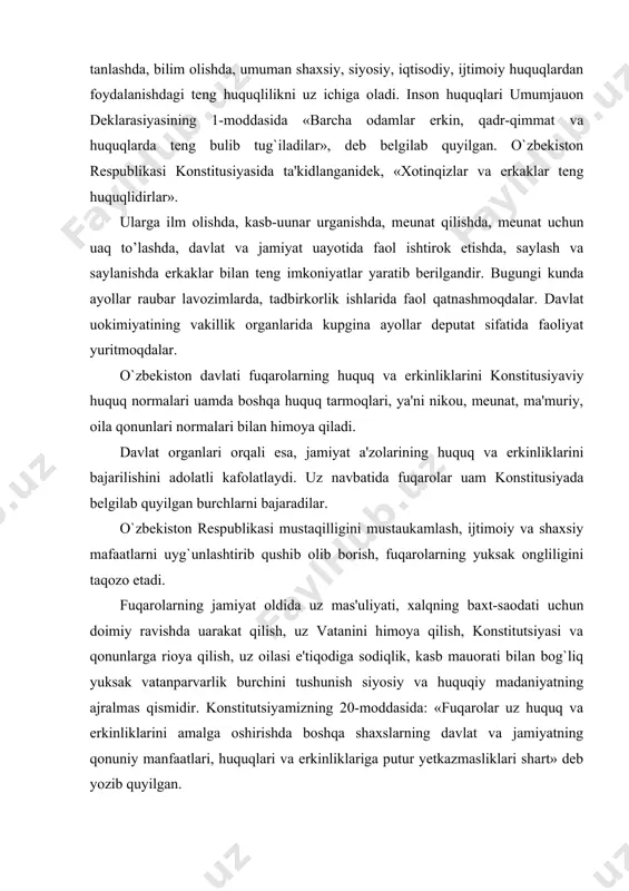 ishda uarakat qilish, uz vatanini himoya qilish, konstitutsiyasi va qonunlarga rioya qilish, uz oilasi e'tiqodiga sodiqlik, kasb mauorati bilan bog`liq yuksak vatanparvarlik burchini tushunish siyosiy va huquqiy madaniyatning ajralmas qismidir. konstitutsiyamizning 20-moddasida: «fuqarolar uz huquq va erkinliklarini amalga oshirishda boshqa shaxslarning davlat va jamiyatning qonuniy manfaatlari, huquqlari va erkinliklariga putur yetkazmasliklari shart» deb yozib quyilgan. bu qoidaning mazmuni shaxsiy va ijtimoiy manfaatlarning uyg`unlashganligida ifodalanadi. uar bir fuqaro uz huquq va erkinliklarini, burchlarini yaxshi bilishi, anglashi – uning boshqa kimsalar tomonidan poymol etilishiga yul quymasligidir. juda kup uollarda fuqarolar uz huquqlarini davlat organlarining aralashuvisiz amalga oshiradilar, lekin fuqarolarning huquqi buzilsa, u sud tomonidan himoya qilinadi. chunki shaxsiy manfaatlarga tusqinlik qilish oqibat natijada ijtimoiy manfaatga tusqinlik qilishga olib keladi. fuqarolar qanchalik uz huquq va erkinliklaridan keng foydalansalar, ular shunchalik jamiyatdagi mavjud bo’lgan illatlarga qarshi keskin kurasha oladilar. hech kim fuqarolar ustidan tazyiq utkaza olmaydi. bu esa butun jamiyat uayotining yanada demokratiyalashishiga yordam …