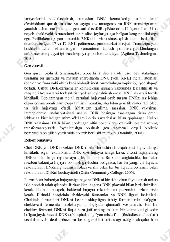 oli ni yuqadi va unda ko'payadi (kornel, 2007). bakterial sun'iy xromosomalar bakterial sun'iy xromosomalar (bac) uzunligi 300 kb gacha bo'lgan bo'laklardan tashkil topgan vektorlardir. ular tug'ilish (f) omillariga, e. coli ning tabiiy jinsiy omil plazmidiga asoslangan (kornel, 2007). bac ning boshqa vektorlarga nisbatan yana bir afzalligi uning hujayra kulturalaridagi barqarorligi va manipulyatsiya qulayligidir (warden va boshq., 2011). xamirturushli sun'iy xromosomalar xamirturushli sun'iy xromosoma (yac) 100 kb dan katta va 3000 kb gacha bo'lgan dnk fragmentlarini klonlash uchun ishlatiladigan vektordir. yac - sun'iy ravishda qurilgan xromosoma bo'lib, unda sentromera, telomerlar va xamirturush hujayralarida replikatsiya va saqlanish uchun zarur bo'lgan avtonom replikatsiya ketma-ketligi (ars) elementi mavjud. ars elementlari replikatsiyaning kelib chiqishi sifatida ishlaydi (strachan, 2011). yac odatda cheklovchi fermentlar yordamida ikkita chiziqli molekulaga bo'lingan dastlabki dumaloq plazmid yordamida quriladi; dnk ligazasi ikkita chiziqli molekula o'rtasida bir qator yoki genni bog'lash uchun ishlatiladi, bu dnkning bitta katta chiziqli qismini tashkil qiladi (strachan, 2011). …