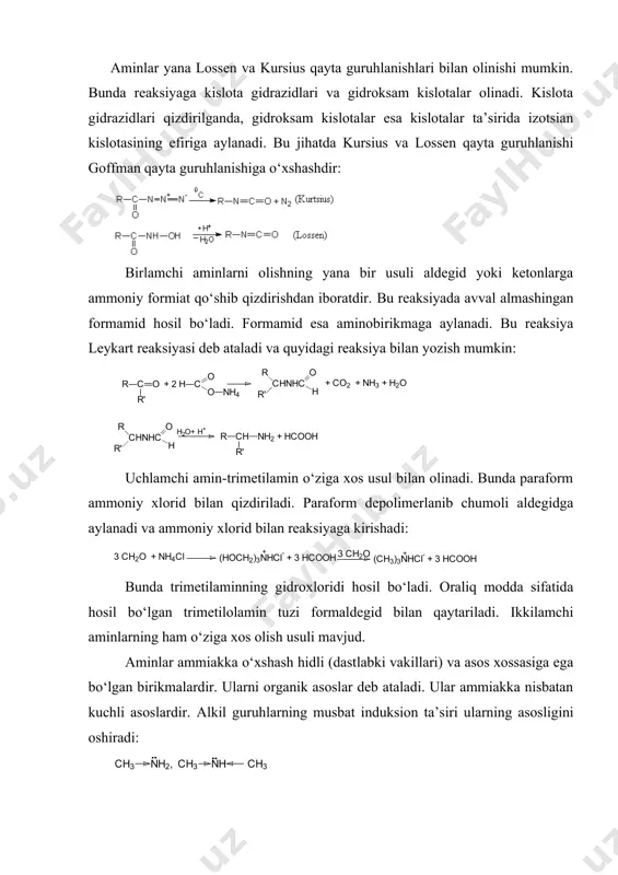 bilan qaytariladi. ikkilamchi aminlarning ham o‘ziga xos olish usuli mavjud. aminlar ammiakka o‘xshash hidli (dastlabki vakillari) va asos xossasiga ega bo‘lgan birikmalardir. ularni organik asoslar deb ataladi. ular ammiakka nisbatan kuchli asoslardir. alkil guruhlarning musbat induksion ta’siri ularning asosligini oshiradi: agar uglevodorod qoldig‘i to‘yinmagan (allil) bo‘lsa, bu holda asoslilik kamayadi: ch2ch-ch2nh2. ularning qaynash haroratlari ham molekulyar massa ortishi bilan ortib boradi. ba’zi aminobirikmalarning qaynash haroratlari quyidagi jadvalda keltirilgan: jadval ba’zi aminobirikmalarning qaynash haroratlari formulasi nomi qaynash harorati ch3nh2 metilamin -6,5 c2h5nh2 etilamin 16,6 n-c3h7nh2 n-propilamin 48,7 n-c4h9nh2 n-butilamin 77,8 n-s5h11nh2 n-amilamin 104,0 n-c6h13nh2 n-geksilamin 132,7 adabiyot: 1. o.ya.neyland organicheskaya ximiya. m.: «viysshaya shkola». 1990. s. 388-395. 2. a.n.nesmeyanov, n.a.nesmeyanov nachala organicheskoy ximii. kniga 1. m.: 1969. s. 222-226. 3.q.n. axmedov, x.y. yo‘ldoshev organik kimyo usullari. i-qism. t.: «universitet». 1998. 88-106 b. image6.wmf image7.wmf image8.wmf image9.png image10.wmf image11.wmf image12.wmf image1.png image2.png image3.emf image4.wmf image5.wmf