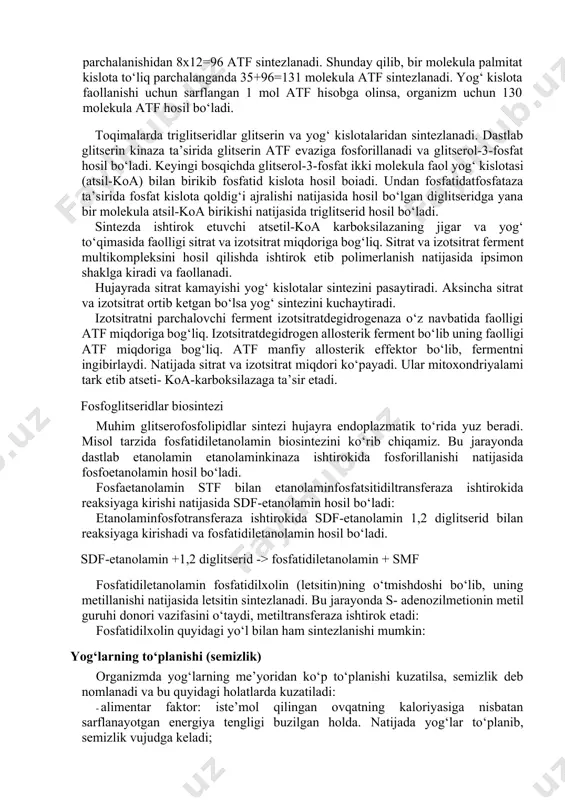 fa tomiri orqali yuqori kovak venaga quyiladi. qon tarkibidagi yog‘larning transport shakli murakkab oqsillar guruhiga kirib lipoproteinlar deb nomlanadi. lipoproteinlar ozaro zichligi va tarkibiga binoan farqlanadi: yog ‘ kislotalarining p-oksidlanishito‘g‘risidaginazariya 1904-yilda ғ.кnоор tomonidan yaratildi. yog‘ kislotalari mitoxondriyada oksidlanadi. bu jarayon yog‘kislotasi molekulasidagi (3 uglerod atomi oldidagi bog‘ning uzilishi va undan ikki uglerodli fragmentning atsetil- k'oa holida ajralib chiqishi bilan namoyon bo‘lgani uchun p- oksidlanish nomini olgan. yog‘kislotasi sitoplazmadan mitoxondriyaga kamitin vositasida tashib olinadi. dastlab yog‘kislotasi koenzim-a ishtirokida atf energiyasi evaziga faollashib atsil-koaga aylanadi. kamitin atsil-koa bilan hosil qilgan kompleksi mitoxondriya ichiga oson o‘tadi va u yerda yana atsil-koa hamda karnitinga parchalanadi. atsil-koa mitoxondriyada dastlab atsil-koa degidrogenaza (kofermenti fad) ta sirida oksidlanib yenoil-koa hosil bo‘ladi; yenoil-koa-gidrataza ta’sirida yenoil-koa suv bilan birikib p-oksiatsil-koa hosil qiladi. uning p-oksiatsil-koa degidrogenaza (kofermenti nad) ta’sirida degidrogenlanishi natijasida p-ketoatsil-koa hosil bo‘ladi. tiolaza ta- sirida p-ketoatsil-koa atsil-koa va atsetil-koaga parchalanadi. hosil bo‘lgan atsil-koa dastlabki atsil koadan ikkita uglerodi …