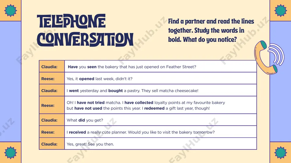 wo sentences and discuss with a partner what they indicate. simple past vs present perfect a. lorna was in california when she was a teen. b. lorna has been in california since she was a teen. sentence a with ‘when’ uses the simple past tense. this indicates that... sentence b with ‘since’ uses the present perfect tense. this indicates that... example: i’ve had my cell phone since i started primary school. write sentence here write sentence here write sentence here 1 2 3 activity: about you write 3 statements describing yourself using the present perfect with the time markers ‘for’, ‘since’, ‘always’, or ‘never’. share your sentences with the class. activity: simple past or present perfect? study the sentences and choose the appropriate verb. drag and drop your answer on the space provided. a. do you like talking on the phone? b. yes, i do. i _____________ my old phone …