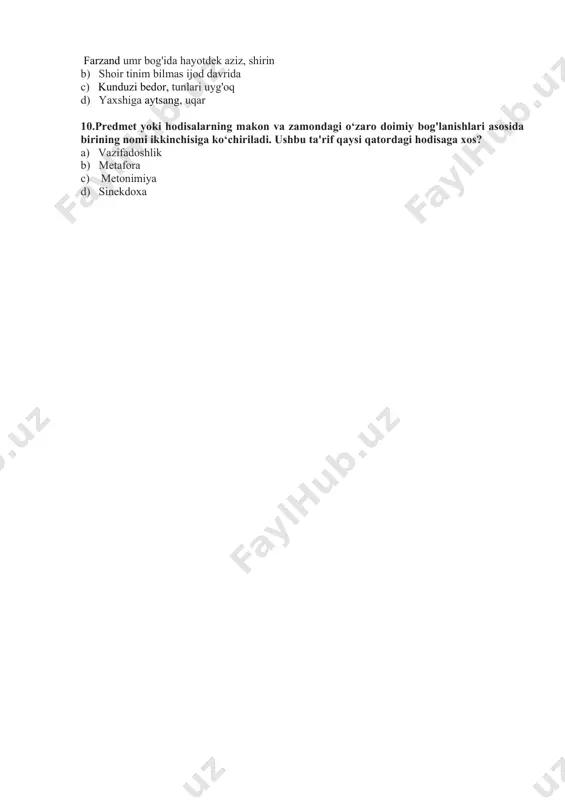 umr bog'ida hayotdek aziz, shirin b) shoir tinim bilmas ijod davrida c) kunduzi bedor, tunlari uyg'oq d) yaxshiga aytsang, uqar 10.predmet yoki hodisalarning makon va zamondagi o‘zaro doimiy bog'lanishlari asosida birining nomi ikkinchisiga ko‘chiriladi. ushbu ta'rif qaysi qatordagi hodisaga xos? a) vazifadoshlik b) metafora c) metonimiya d) sinekdoxa image1.png