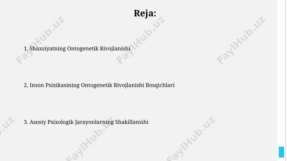 haqaloqning atrof-muhitni idrok etish qobiliyatini 3 baravar oshiradi. o'zbekistondagi 3 yoshgacha bo'lgan bolalarda o'rtacha 70% ga yaqin hissiy-xulq-atvor rivojlanishi ota-onalarning munosabatiga bog'liq bo'lib, bu 2020 yilgi milliy hisobotda keltirilgan. oʻsmirlik va yoshlik davri: identifikatsiya va mustaqillik yoshlik davri (20-40 yosh)da, shaxs oʻzining ijtimoiy rolini aniqlash bilan birga, mustaqil hayot kechirishga va mas’uliyatni oʻz zimmasiga olishga intiladi, bu jarayon koʻpincha shaxsiy muammolar bilan bogʻliq. oʻzbekiston kabi rivojlanayotgan mamlakatlarda, oʻsmirlik va yoshlik davridagi identifikatsiya jarayonlari 30% ga yaqin an’anaviy qadriyatlar ta’sirida shakllanib, globalizatsiya ta’siri ham sezilarli darajada. e'tiboringiz uchun rahmat @taqdimot_robot image1.jpg image2.jpg image3.jpg image4.jpg image5.jpg