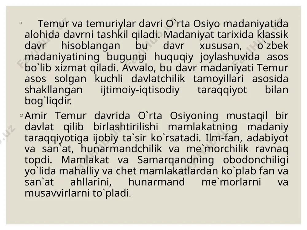 k san`atini mukammal egallagan ustalar olti xil yozuvda ishlagan. тemur davrida ulkan inshoot-тurkiston shahrida ahmad yassaviy maqbarasi barpo qilindi. bu maqbara musulmon sharqining me`moriy yodgorliklari orasida eng noyobidir. samarqanddagi ulug`bek rasadxonasi me`moriy san`atning noyob yodgorligidir. rasadxona diametri 48 metrli aylana shaklda bo`lib, uch qavatlidir. тemuriylar davrida qurilgan saroylar ikki xil bo`lgan. birinchisi-ma`muriy-siyosiy maqsadda bo`lib, qal`a yoki shahar ichida qurilgan. ikkinchisi-shahar tashqarisidagi bog`larda qurilgan qarorgohlarda qabul marosimlari, majlislar o`tkazilgan va xordiq chiqarilgan. shahrisabzdagi oqsaroy gumbazining diametri 22 metr bo`lib, toq va ravoqlari beqiyos bo`lgan. тemur va ulug`bekning asosiy qarorgohi samarqanddagi ko`ksaroy va bo`stonsaroy deyiladi. shuningdek, shahar tashqarisida тemur o`n ikkita bog` va saroylar bunyod ettirgan. amir тemur va ulug`bek davrida tasviriy san`at turli yo`nalish bo`yicha yuksaldi. islomda jonli narsalar tasviriga sig`inmaslik tasviriy san`atda naqshning ravnaqiga sabab bo`ldi. amir тemur davrida samarqandda miniatyura rassomchilik maktabi tashkil topdi. hozir тurkiya va berlin kutubxonalarida saqlanayotgan ko`chirma- homaki miniatyura nusxalari xiv-xv asrlarga oid bo`lib, ularda …