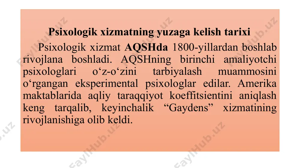 vropa mamlakatlarida maktab psixologik xizmati tuman yoki viloyat psixologik-pedagogik markazlari shaklida tashkil etilgan. masalan, 1980-yilda chexoslavakiyada tarbiya masalalari bo‘yicha modda maktab to‘g‘risidagi qonunga kiritildi. psixologik xizmatning asosiy mazmuni - sog‘lom shaxsning o‘sishini ta’minlash, shaxs rivojlanishidagi turli qiyinchiliklami korreksiya qilish, kasb tanlash muammolaridir. chexoslavakiyadagi psixolog maslahatchining asosiy funksiyasi psixodiagnostik faoliyatdan iboratdir. sobiq sovet psixologiyasida bolalar tarbiyasi va ta’limida psixologiyadan foydalanish borasida urinishlar pedologiya doirasida vujudga keldi. pedologiya rivojlanayotgan va o‘sayotgan shaxsning barcha biologik va ijtimoiy xususiyatlarini qamrab oluvchi fandir. 1936-yilda pedologik qarashlarni to‘xtatish haqida qaror qabul qilindi, shu bilan birga rus psixologlari amalga oshirayotgan bola psixologiyasidagi ijobiy izlanishlar ham to‘xtab qoldi. faqat 60-yillaming oxiriga kelib, psixologlarning maktab ishida amaliy ishtirok etishi qayta tiklandi. sobiq sovet ittifoqida birinchi bo‘lib estoniyada 1975-yilda maktabda psixologik xizmat tashkil etildi. rossiyada 1982-yilda maktablarda psixolog shtati ochildi. rossiyada i.v.dubrovina psixologik xizmatning rivojlanishiga ulkan ulush qo‘shgan, u ushbu mavzuda doktorlik dissertatsiyasini yoqlagan va bir qancha asarlar muallifidir. l984-yilda …