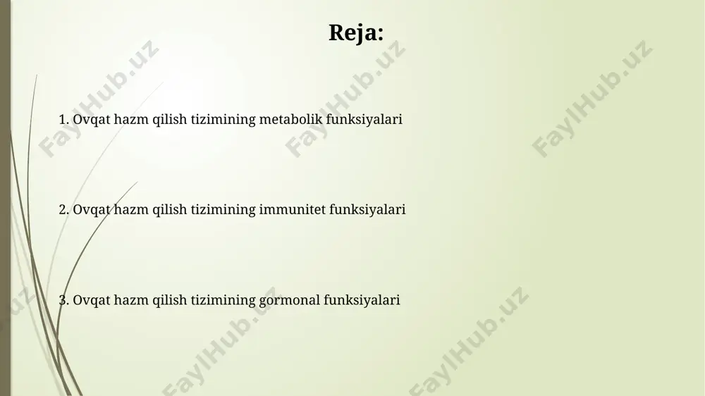 igiga ta'sir qiladi. ichak mikrobiomasi, taxminan 100 trillion bakteriya hujayralaridan iborat boʻlib, oʻt kislotalarining bir qismini metabolizm qiladi va bu jarayon ichak peristaltikasini ta'sir qiladi. bakteriyalarni detoksifikatsiya qilish ichak mikrobiotasining turli xil bakteriya turlari, xususan, lactobacillus va bifidobacterium turlari, ichakda toksinlarning metabolizmini o'zgartirib, ularning organizmga ta'sirini kamaytiradi. o't yo'llari bakteriyalarining 70% dan ortig'i o't kislotalari va boshqa toksinlarni bog'lash va zararsizlantirish orqali jigarni detoksifikatsiya jarayonida muhim rol o'ynaydi. suv-elektrolit muvozanatini saqlash me'da-ichak trakti shilliq pardasi orqali faol va passiv transport mexanizmlari yordamida, natriy, kaliy, xlorid kabi elektrolitlarning so'rilishini tartibga soladi. suvning so'rilishi, elektrolitlar konsentratsiyasi bilan bog'liq bo'lib, ozmotik bosimni tartibga soladi va organizmda suv-tuz muvozanatini ta'minlaydi. gormonal regulyatsiya oʻn ikki barmoqli ichak shilliq qavatining s hujayralari gastrin gormonini, oshqozon kislotasining sekretsiyasini 10-20 marta oshiradigan peptid gormonini ishlab chiqaradi. oshqozon-ichak trakti 20 dan ortiq turli xil gormonlarni sintez qiladi va ajratadi, bu ovqat hazm qilish jarayonini, metabolizmni va ochlikni boshqarishda muhim …