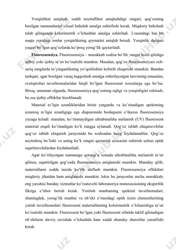 , plenka bilan laminatsiya qilingan va h.k.) va yuqori yaltiroqlikdagi bo’yoqlar, laklar va qoplamalar ko’p holatlarda 60° yoki 20° burchak ostida o’lchanadi, bu yaltiroqlikning kichik foizli qiymatini beradi, lekin numanalarning eng yaxshi ob’ektiv tahlilini amalga oshirishga imkon beradi. umuman olganda yaltiroq yuza fotografik aslnusxani hosil qilish (qayta ishlash) sifatini yaxshilaydi, lekin u zararli bo’lishi mumkin bo’lgan boshqa holatlar ham uchrashi mumkin. bundan tashqari, ko’p tusli tasvir va tuzilmasini qayta ishlash o’ziga xos bo’lgan ba’zi fotografik aslnusxalar yaltiroqligi yuqori bo’lgan taglik va bo’yoqlardan foydalanilganda buzilishi mumkin. biroq, tasvirlar ko’p holatlarda jurnal, gazeta, ko’pchilik kitoblar, yillik hisobotlar va reklama broshyuralarida matn bilan birgalikda keladi. yuqori darajadagi yaltiroqlik matnni o’qishda ko’zning tez charchashiga olib keladi; ya’ni tasvirli nashrlar uchun xos bo’lgan ustuvorlik har doim ham matnni bosishda afzallik hisoblanavermaydi. o’ramlar, kitob va jurnallarning muqovalari, plakatlar, otkritkalar va etiketkalar katta hajmli matnga ega bo’lmaydi va aksariyat holatlarda yaltiroq lak bilan yakuniy pardozlanadi. jilolanish (losk) …