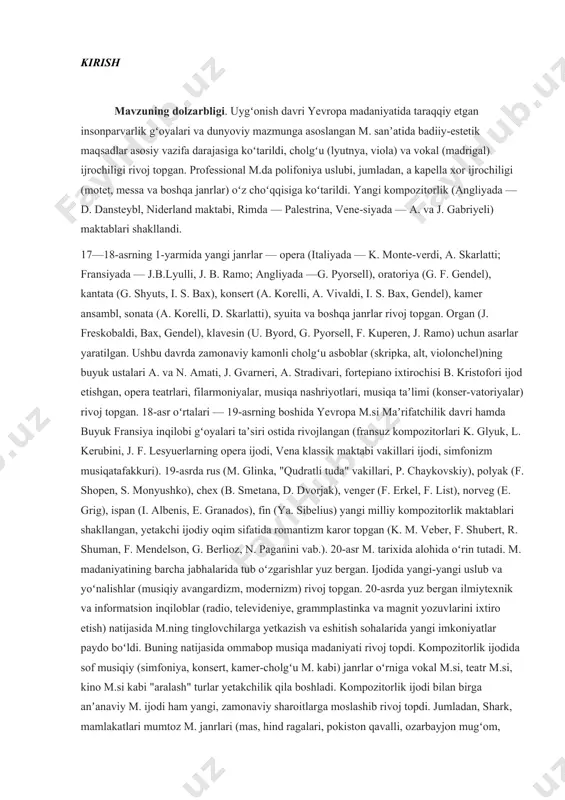vakillari ijodi, simfonizm musiqatafakkuri). 19-asrda rus (m. glinka, "qudratli tuda" vakillari, p. chaykovskiy), polyak (f. shopen, s. monyushko), chex (b. smetana, d. dvorjak), venger (f. erkel, f. list), norveg (e. grig), ispan (i. albenis, e. granados), fin (ya. sibelius) yangi milliy kompozitorlik maktablari shakllangan, yetakchi ijodiy oqim sifatida romantizm karor topgan (k. m. veber, f. shubert, r. shuman, f. mendelson, g. berlioz, n. paganini vab.). 20-asr m. tarixida alohida oʻrin tutadi. m. madaniyatining barcha jabhalarida tub oʻzgarishlar yuz bergan. ijodida yangi-yangi uslub va yoʻnalishlar (musiqiy avangardizm, modernizm) rivoj topgan. 20-asrda yuz bergan ilmiytexnik va informatsion inqiloblar (radio, televideniye, grammplastinka va magnit yozuvlarini ixtiro etish) natijasida m.ning tinglovchilarga yetkazish va eshitish sohalarida yangi imkoniyatlar paydo boʻldi. buning natijasida ommabop musiqa madaniyati rivoj topdi. kompozitorlik ijodida sof musiqiy (simfoniya, konsert, kamer-cholgʻu m. kabi) janrlar oʻrniga vokal m.si, teatr m.si, kino m.si kabi "aralash" turlar yetakchilik qila boshladi. kompozitorlik ijodi bilan birga anʼanaviy …