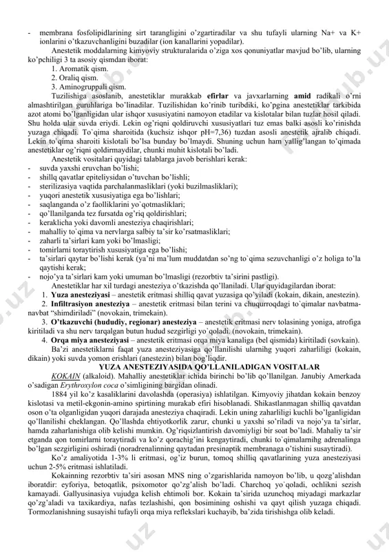 diruvchi vositalar xirurgiya, ginekologiya, dermatologiya, oftalmologiya va otolaringologiyada ishlatiladi. shuning uchun bu dori vositalarning ta’sirini, qo’llash uchun ko’rsatma va nojo’ya ta’sirlarini bilish, shu bilan birga bu moddalarga xatosiz resept yozishni bilishlari keyinchalik talabalarga xususiy farmakologiyani o’rganishda va umumiy amaliyot shifokori faoliyatida kerak bo’ladi. 4. fanlararo va fan ichidagi bog’liqlik ushbu mavzuni o`qitish talabalarning gistologiya, normal va patologik fiziologiya bo’yicha bilimlariga asoslanadi. dars davomida olingan bilimlar terapiya, xirurgiya, akusherlik-ginekologiya, yuqumli kasalliklar va boshqa klinik yo’nalishlarda, shu bilan birga xususiy farmakologiyada kerak bo’ladi. 5. nazariy qismi 5.1. nazorat uchun savollar 1. mahalliy anesteziyaning qanday turlari mavjud ? 2. mahalliy anestetiklarga qo’yiladigan talablar? 3. mahalliy anestetiklar tasnifi qanday? 4. mahalliy anestetik vositlaring ta’sir mexanizmi qanday? 5. terminal anesteziyada qo’llaniladigan qanday vositalarni bilasiz? 6. kokainni olinish manbasi va uning ta’siri qanday? 7. kokainni adrenergik innervastiyaga ta’siri qanday? 8. kokainning toksik ta’siri qanday? kokainizm nima, uning oldini olish va davolash choralari qanday? 9. dikain qanday …