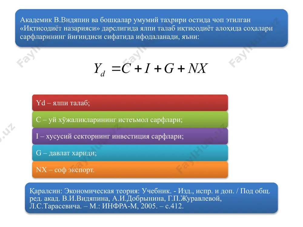 есма деб ҳам аталиб, иқтисодиётнинг таназзул ёки турғунлик палласидаги ҳолатини акс эттиради. ётиқ кесма миллий ишлаб чиқариш потенциал ҳажми (чизмадаги yt нуқта)дан анча кам бўлган ишлаб чиқаришнинг реал ҳажми (чизмадаги y1 нуқтага қадар бўлган ҳажм)ни ўз ичига олади. яъни, бу оралиқда мамлакатдаги мавжуд кўплаб ишлаб чиқариш қувватлари, машина, ускуна ва ишчи кучи ишлаб чиқаришга жалб этилмайди ёки улардан тўлиқ фойдаланилмайди. ii. оралиқ кесма. y ва yt нуқталар орасидаги мазкур кесма миллий ишлаб чиқариш реал ҳажмининг кўпайиши нарх даражасининг ўсиши билан бирга боришини кўрсатади. бу ишлаб чиқаришнинг тўлиқ қувват билан ишлай бошлаганидан, корхоналарнинг анча эски ва кам самарали ускуналардан фойдалана бошлаганлигидан гувоҳлик беради. ишлаб чиқариш ҳажмининг кенгайиб бориши билан қўшимча ишчи кучи ҳам ишга жалб қилинади. iii. тик кесма. у баъзида «классик» кесма деб ҳам аталиб, иқтисодиёт ўзининг тўлиқ ёки табиий даражасига эришганлигини кўрсатади. бунда иқтисодиёт ишлаб чиқариш имкониятининг шундай нуқтасида (чизмадаги yt нуқта) жойлашадики, бунда қисқа муддатда ишлаб чиқариш ҳажмини …