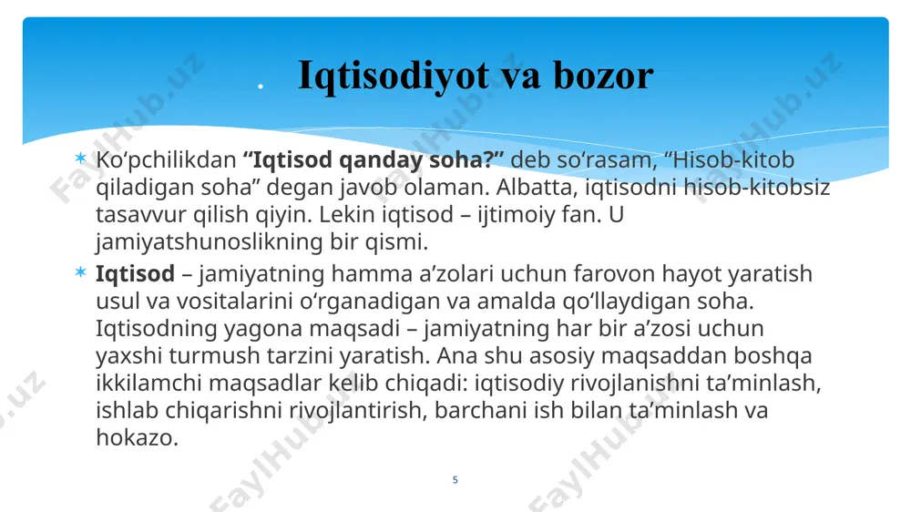 ydi. bulardan asosiylari quyidagilar: 4. milliy pul qadr-qiymatining barqarorligini ta’minlash 5. aholi turmush farovonligini mustaqil oshirib, iqtisodiyotning ijtimoiyligini to’laroq yuzaga chiqarishga ko’maklashish. 6. milliy iqtisodiyotni xalqaro xalqaro integratsion jarayonlarda faol ishtirok etib, xalqaro iqtisodiyotda o’z o’rnini topishi, xalqaro iqtisodiy munosabatlarda teng huquqli ishtirokchisiga aylanishga erishish 18 7.milliy iqtisodiyotning istiqbolini ta’minlash, ya’ni uni uzoq kelajakda o’sib borishiga sharoit hozirlash 19 davlat siyosati belgilagan maqsadlarga quyidagi vositalar bilan erishiladi: 1. soliqlar, subsidiyalar, litsenziyalar, eksport kvotalar, davlat investitsiyalari, turli sanksiyalar kabilar kiradi 2. yuridik vosita. bu iqtisodiy faoliyat tartibi va qoidalarini belgilab beruvchi qonunlarni va ularga mos qonun osti xujjatlarni ishlab chiqish va joriy etishdan iborat. qonunchilik iqtisodiyotning huquqiy asoslarini belgilab beradi 3. siyosiy-ma’muriy vositalar. davlat hokimiyat sohibi bo’lganidan o’z siyosatiga rioya etilishini o’z organlari kuchi kuchi bilan ta’minlaydi 20 davlatning iqtisodiy funksiyalari. 20 davlatning iqtisodiy siyosati– bu makroiqtisodiy siyosat bo’lib, uning mamlakatning milliy iqtisodiyotiga oid puxta o’ylangan va ishlab chiqilgan yo’l-yo’riqlari va …