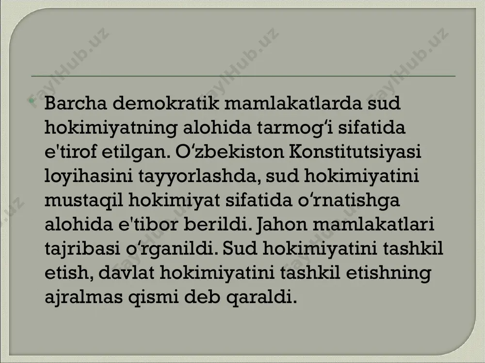 berish; - o‘zbekiston konstitutsiyasi va qonunlariga sharh berish; -o‘zbekiston oliy sudining muayyan ishda qo‘llanilishi lozim bo‘lgan normativ-hududiy hujjatlarning konstitutsiyaga muvofiqligi to‘g‘risida sudlar tashabbusi bilan kiritilgan murojaatini ko‘rib chiqish; - konstitutsiyaviy sudlov ishlarini yuritish amaliyotini umumlashtirish natijalari yuzasidan har yili oliy majlis palatalariga va prezidentga mamlakatdagi konstitutsiyaviy qonuniylikning holati to‘g‘risida axborot taqdim qilish. - konstitutsiya va qonunlar bilan berilgan vakolati doirasida boshqa ishlarni ko‘rib chiqish - konstitutsiyaviy sudning hujjatlari rasmiy e’lon qilingan kundan e’tiboran kuchga kiradi, uning qabul qilgan hujjati qat’iy bo‘lib, uning ustidan shikoyat qilish mumkin emas. konstitutsiyaviy sud respublika miqyosida markaziy muassasa sifatida faoliyat yuritadi. uning umumiy sudlarga o‘xshab joylarda tuzilmalari yo‘q. konstitutsiyaviy sudni tashkil etish va faoliyat tartibi maxsus qonun bilan tartibga solinadi. o‘zbekiston respublikasi oliy sudi fuqarolik, jinoiy, iqtisodiy va ma`muriy sud ishlarini yuritish sohasida sud hokimiyatining oliy organi hisoblanadi. u tomonidan qabul qilingan hujjatlar qat'iy va o‘zbekiston respublikasining barcha hududida bajarilishi majburiydir o‘zbekiston respublikasi oliy sudi …