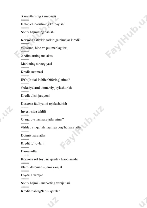 yaviy barqarorlik - bu ... ==== daromadlarning ortib borishi ==== xarajatlarning ortib borishi ==== daromadlarning kamayishi ==== #daromadlarning xarajatlardan ustunligi ++++ ishlab chiqarish zaxiralari me'yori ishlab chiqarish korxonalari uchun necha kunni tashkil qiladi? ==== 7-15 kun ==== #30-60 kun ==== 90 kun ==== 60-90 kun ++++ firma likvidligi deganda nima tushuniladi? ==== #qisqa muddatli majburiyatlarni qoplash qobiliyati ==== moliyaviy barqarorlik darajasi ==== korxonaning bozordagi mavqei ==== investitsiya hajmi ++++ qisqa muddatli debitorlik qarzlari necha yilga beriladi? ==== 13 oygacha ==== #12 oygacha ==== 14 oygacha ==== 15 oygacha ++++ kreditlashning asosiy maqsadi nima? ==== xodimlar sonini oshirish ==== #moliyaviy resurslarni oshirish ==== xarajatlarni kamaytirish ==== marketing faoliyatini yaxshilash ++++ operatsion likvidlik nimani anglatadi ==== #kompaniyaning o‘z vaqtida hisoblashish qobiliyatini ==== investitsion daromad ==== sof foyda darajasi ==== ish haqi fondi ++++ korxonalar inqirozga qarshi boshqaruvning tashkil etilishi ... ==== #faoliyatni tartibga solish strategiyasidan kelib chiqadi ==== ishlab chiqarishni tartibga solishdan …