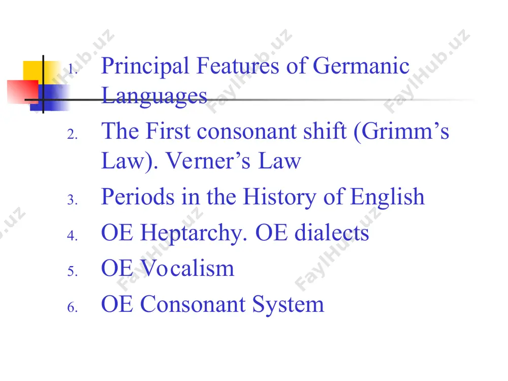 receding syllable was unstressed, but otherwise remained unchanged. latin centum - english hundred. verner’s law. pie f > gmc v pie th > gmc d lat pater – gth fadar pie k > gmc g pie s > gmc z > r in north and west germanic) = rotacizm gth. raisjan – oe ræran 3. periods in the history of english traditionally, the history of the english language is divided into 3 major periods. this division was first proposed by an english philologist, henry sweet, in 1873. periods in the history of english old english (anglo-saxon) (5 c.-1066) = the period of full inflexions; middle english (1066 – 1485) = of levelled inflexions; modern english (1485 - ...) = of lost inflexions. 4. oe heptarchy. oe dialects the earliest inhabitants of the british isles, were celtic speakers. the celts had been living in england until being invaded by the romans …