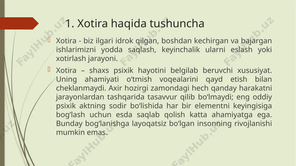 va ularning xususiyatlari har biri xotira turi uning o'ziga xos faoliyati bor, garchi ularning barchasi to'liq yodlash jarayonini amalga oshirish uchun hamkorlik qiladi. bu murakkab va kodlash, konsolidatsiya, saqlash va qidirishga bo'linadi. xotiraning maqsadi vaqt o'tishi bilan ma'lumotlarni saqlashdir. xotira turlarini o'rgangan mualliflar odatda ularni bir necha mezonlarga ko'ra ajratib turadilar. masalan, ma'lumot bizning yodimizda qancha vaqt saqlanadi. u erdan eng yaxshi ma'lum bo'lgan ikkita katta xotira guruhlari paydo bo'ladi, ular qisqa muddatli va uzoq muddatli xotiralardir. bosh miya, xotira xotira xususiyatlari xotira xususiyatlarining orasida uning quyidagi tabiiy xossalari ajratiladi: - yodda saqlash tezligi – axborotni xotirada saqlab qolish uchun zarur bo‘lgan takrorlashlar soni; - unutish tezligi – esda qolganlarning xotirada saqlanish muddati; - yodda saqlash hajmi – insonning ma’lum vaqt ichida esda olib qolishga qodir bo‘lgan jismlar yoki dalillar soni; - o‘zlashtirilganlarni yodda saqlash davomiyligi – insonning zarur axborotni ma’lum vaqt oralig‘ida yodda olib qolish qobiliyati; - qayta tiklash …
